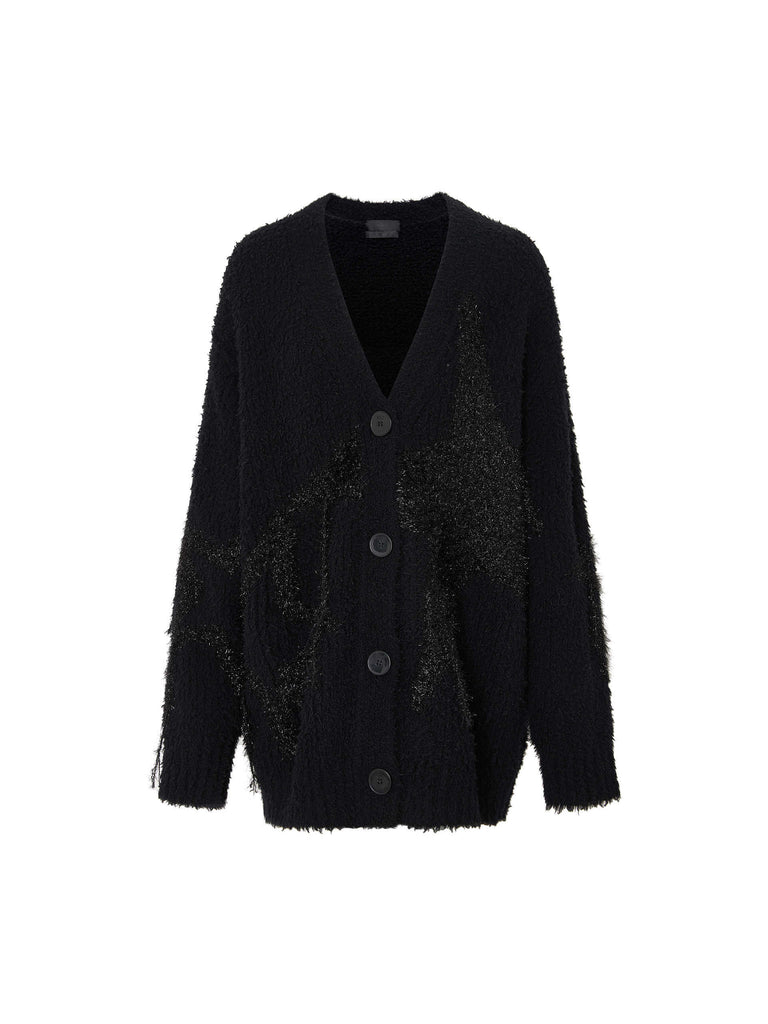 MO&Co. Noir Women's Oversized Fuzzy V Neck Knit Cardigan in Black with Star Guiltier Jacquard Details 