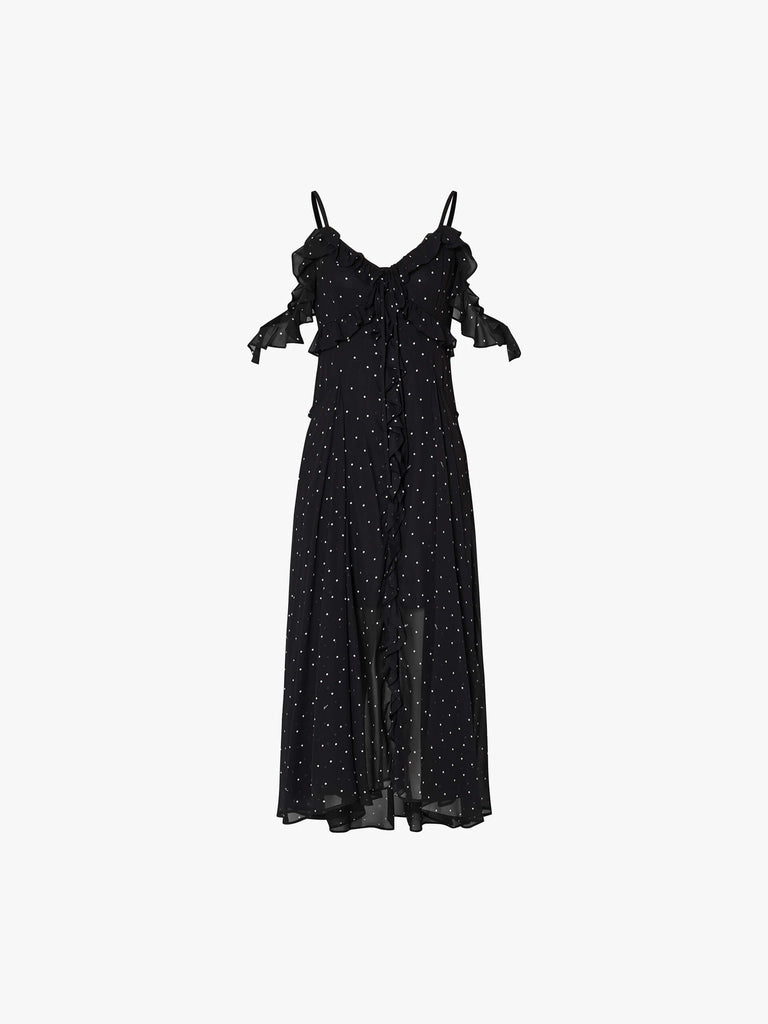 MO&Co. Noir Women's 100% Silk Polka-dot Cami Midi Dress Black - Flowy V-Neck