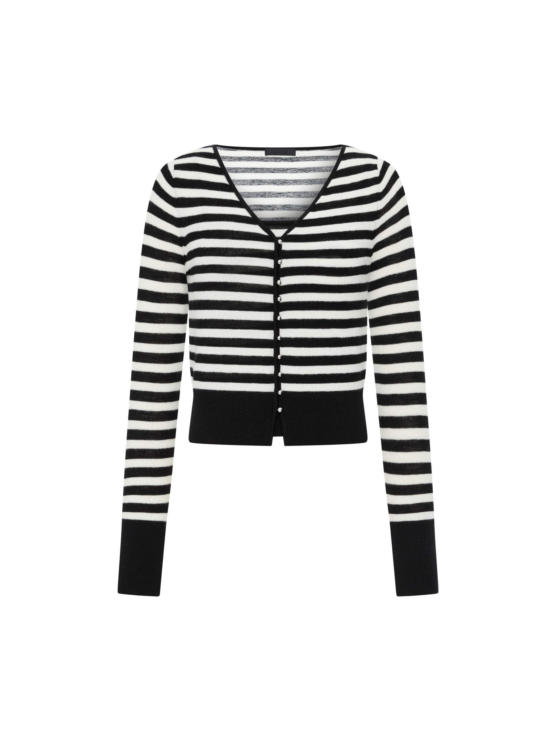 MO&Co. Women's 100% Wool Black and White Striped Cropped Cardigan with Spaghett