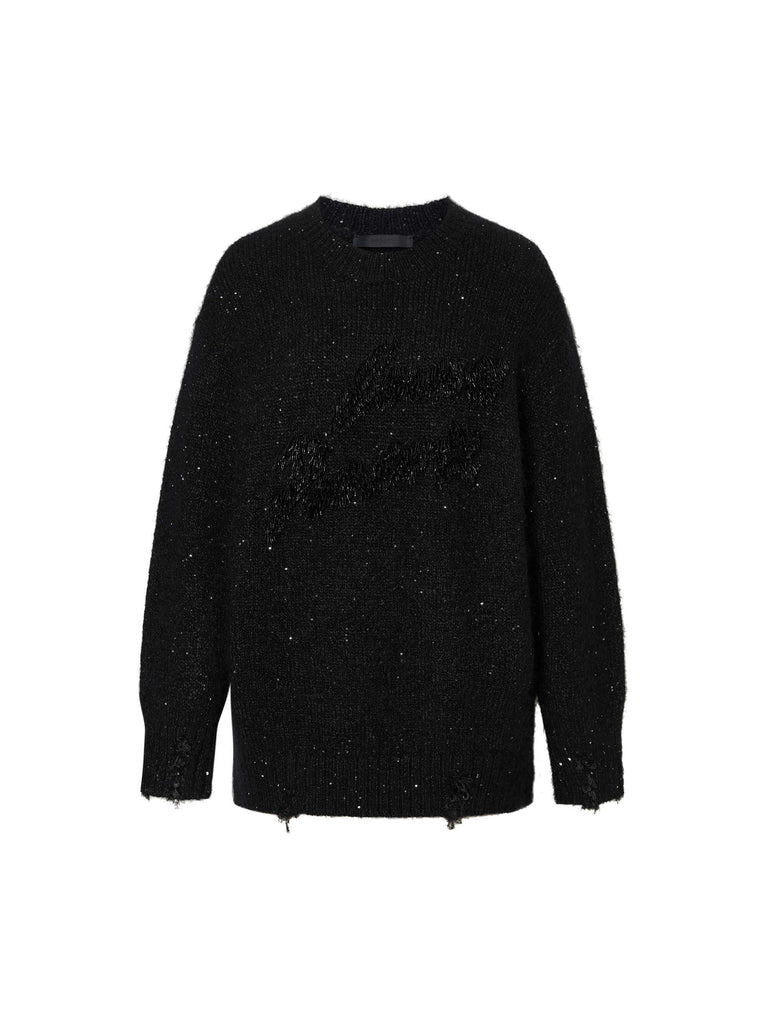 MO&Co. Noir Women's Fringed Embellished Sequin Detail Knitted Sweater in Black