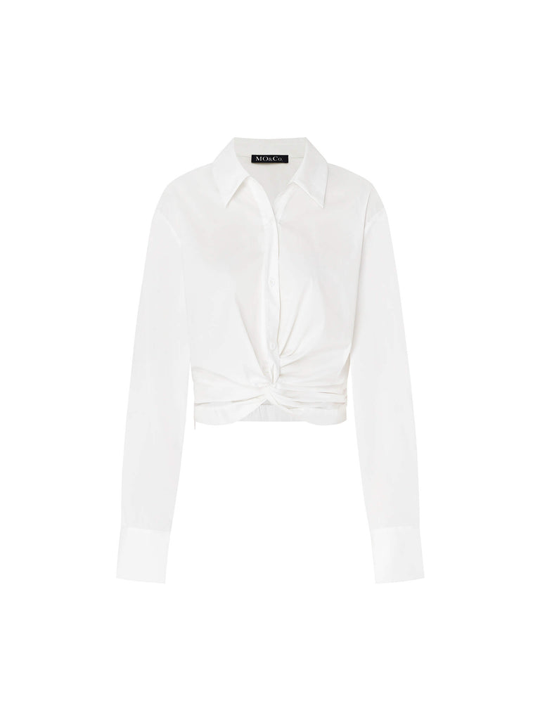 MO&Co. Women's White Twisted Front Long Sleeve Crop Shirt