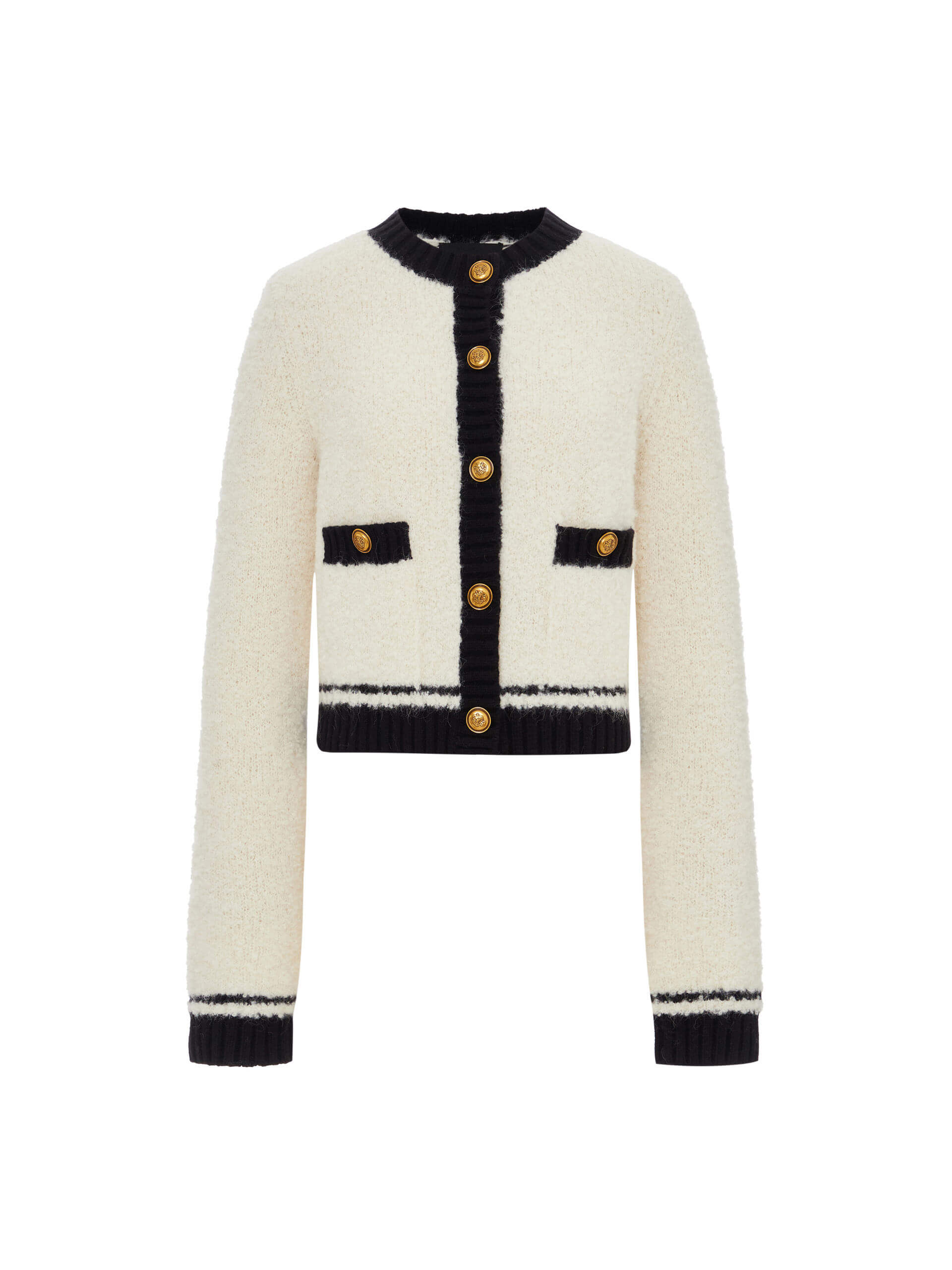 MO&Co. Women's Cropped Boucle Alpaca & Wool Blend Knit Cardigan Cream with Long Sleeves, crew neck and contrast trims.