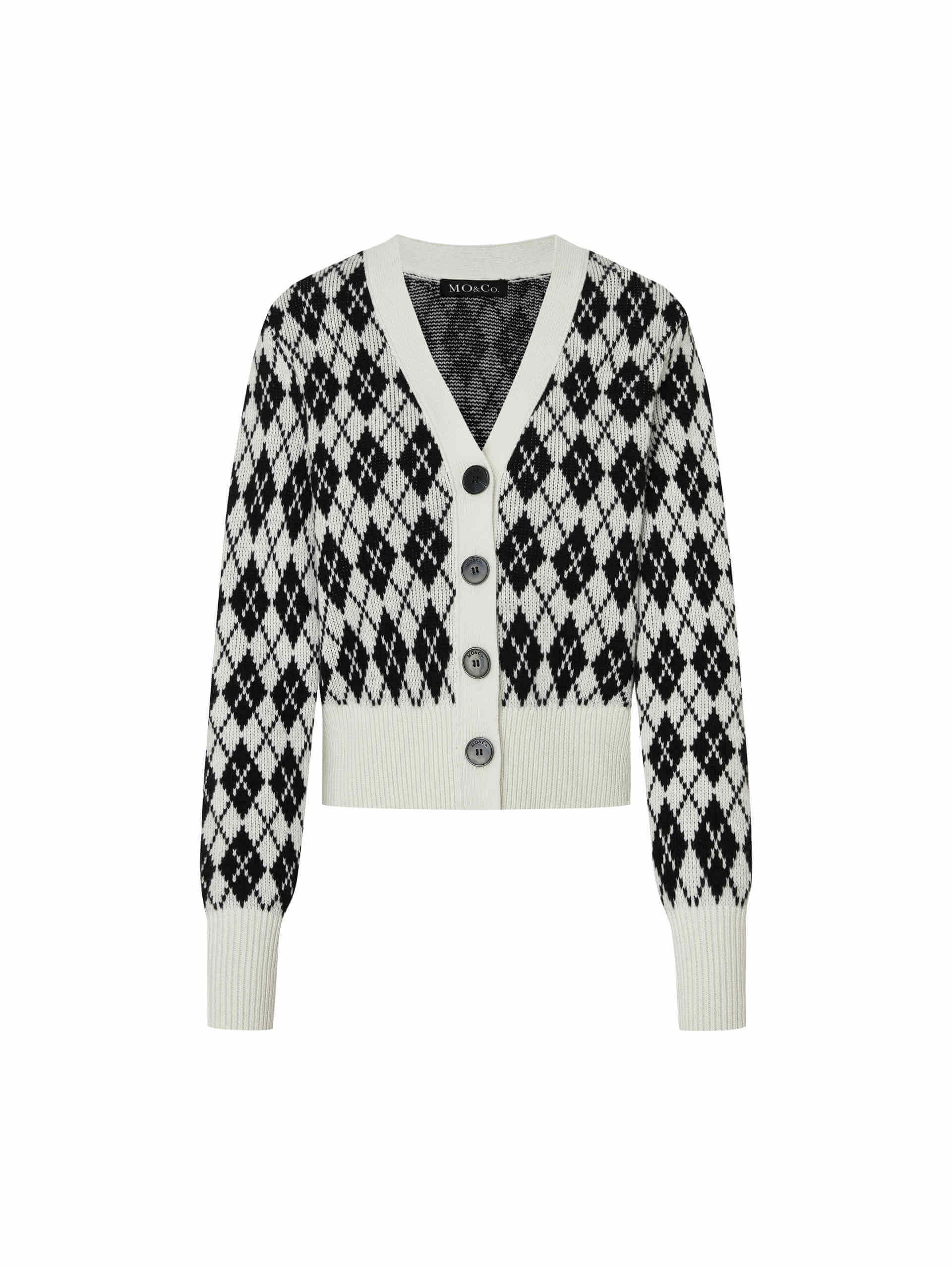 MO&Co. Women's Argyle Checkered Wool Blend Cropped Knit Cardigan in Black and White