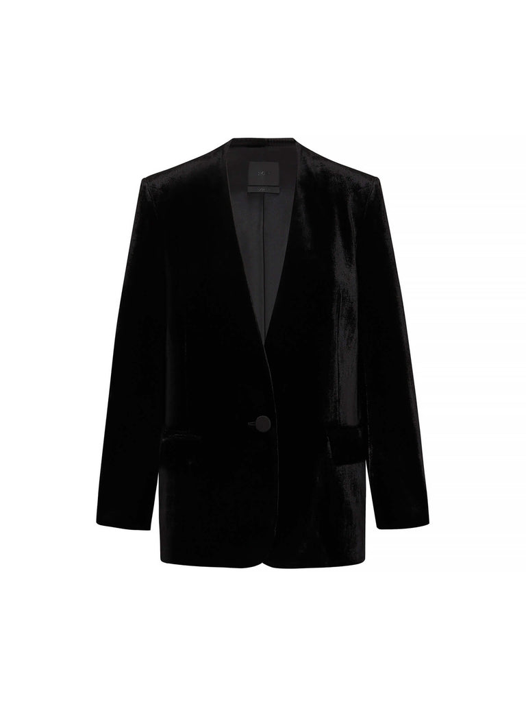 MO&Co. Noir Women's Black Velvet Single Breasted Blazer - Stylish Formal Jacket