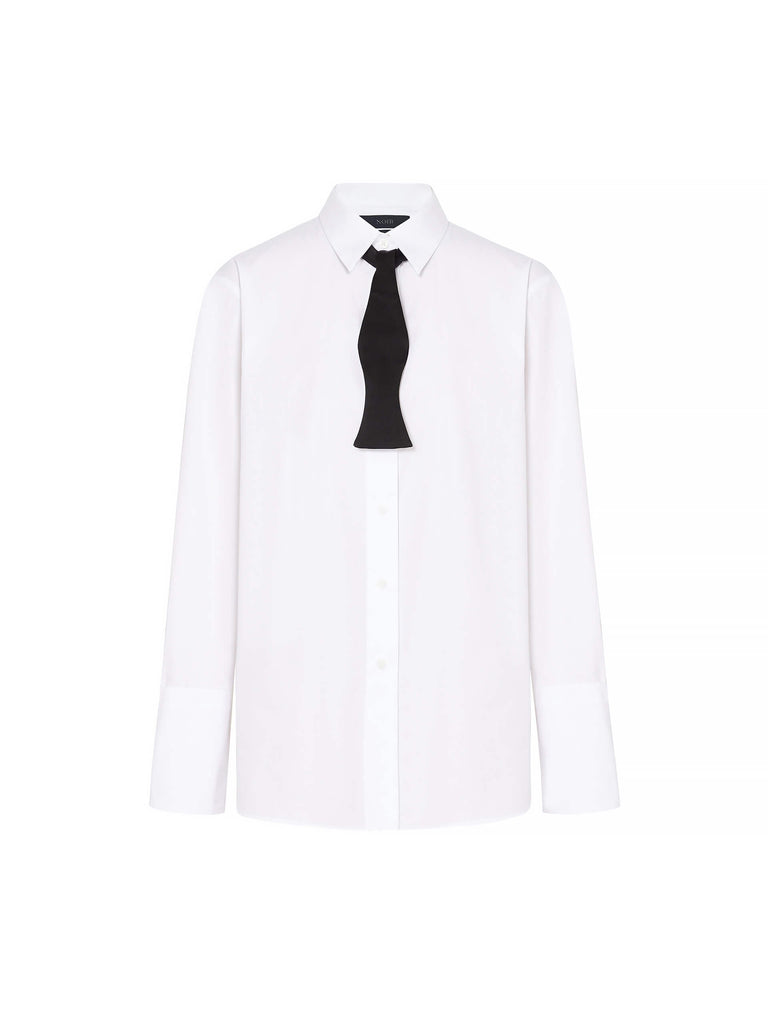MO&Co. Noir Women's Tie Detail White Cotton Shirt with Classic Regular Fit