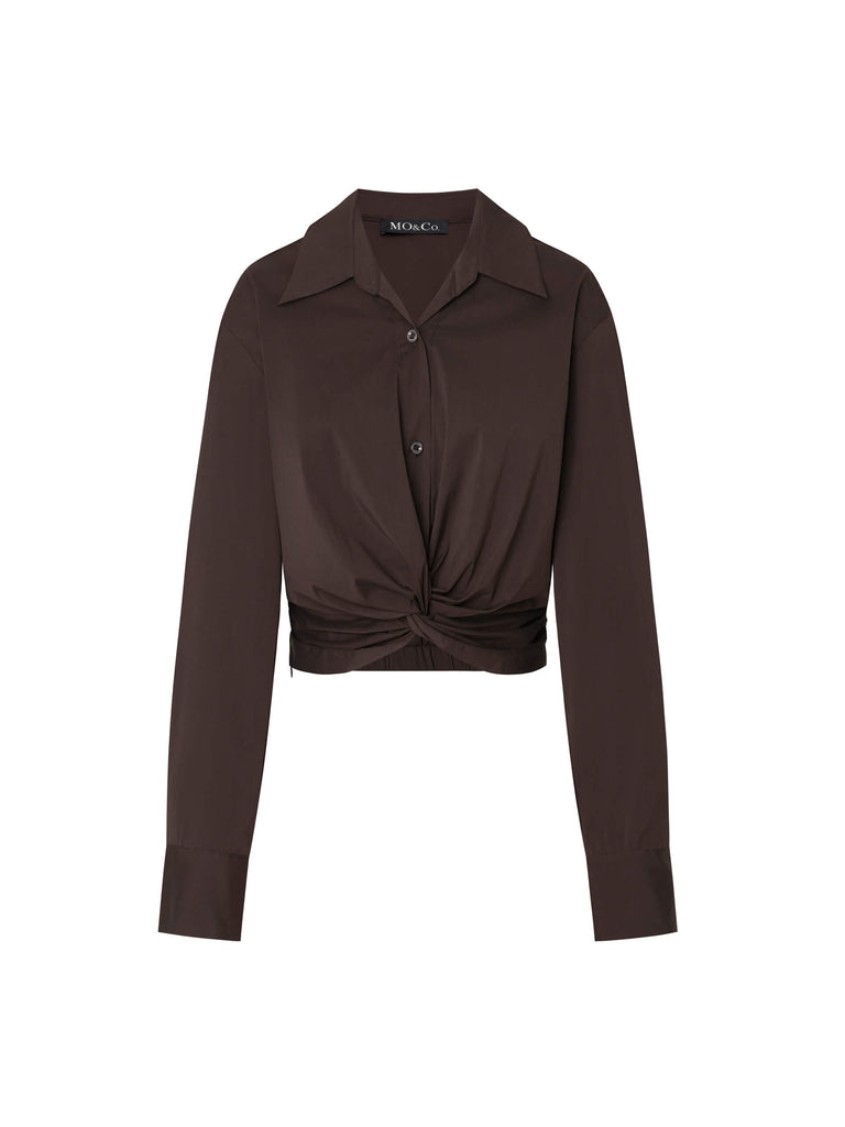 MO&Co. Women's Brown Twisted Front Long Sleeve Crop Shirt
