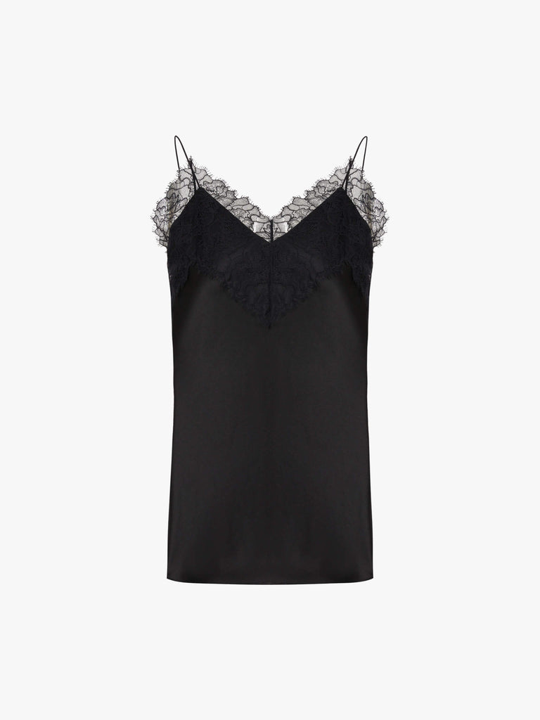 MO&Co. Noir Women's Silk Blend Lace Trimmed Cami in Black. The delicate raised lace detailing along the neckline adds a touch of elegance, while the open back and adjustable straps infuse a hint of sensuality.