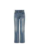 MO&Co. Noir Women's High Rise Full Length Cotton Blue Straight Jeans feature a regular fit and loose, straight legs for a relaxed look.