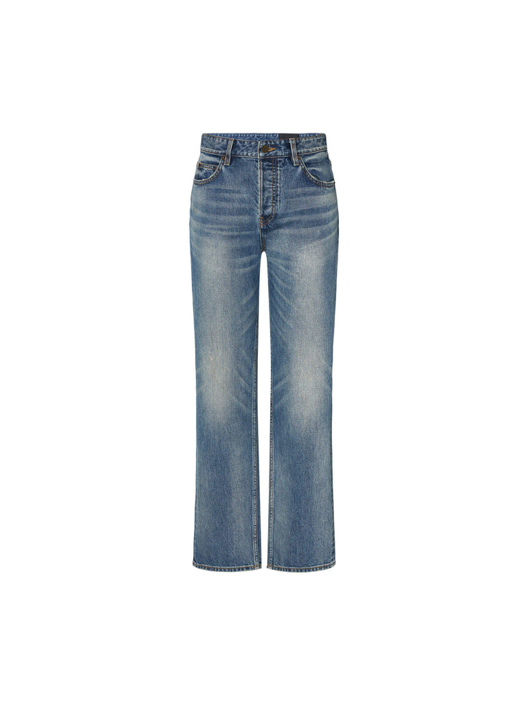 MO&Co. Noir Women's High Rise Full Length Cotton Blue Straight Jeans feature a regular fit and loose, straight legs for a relaxed look.