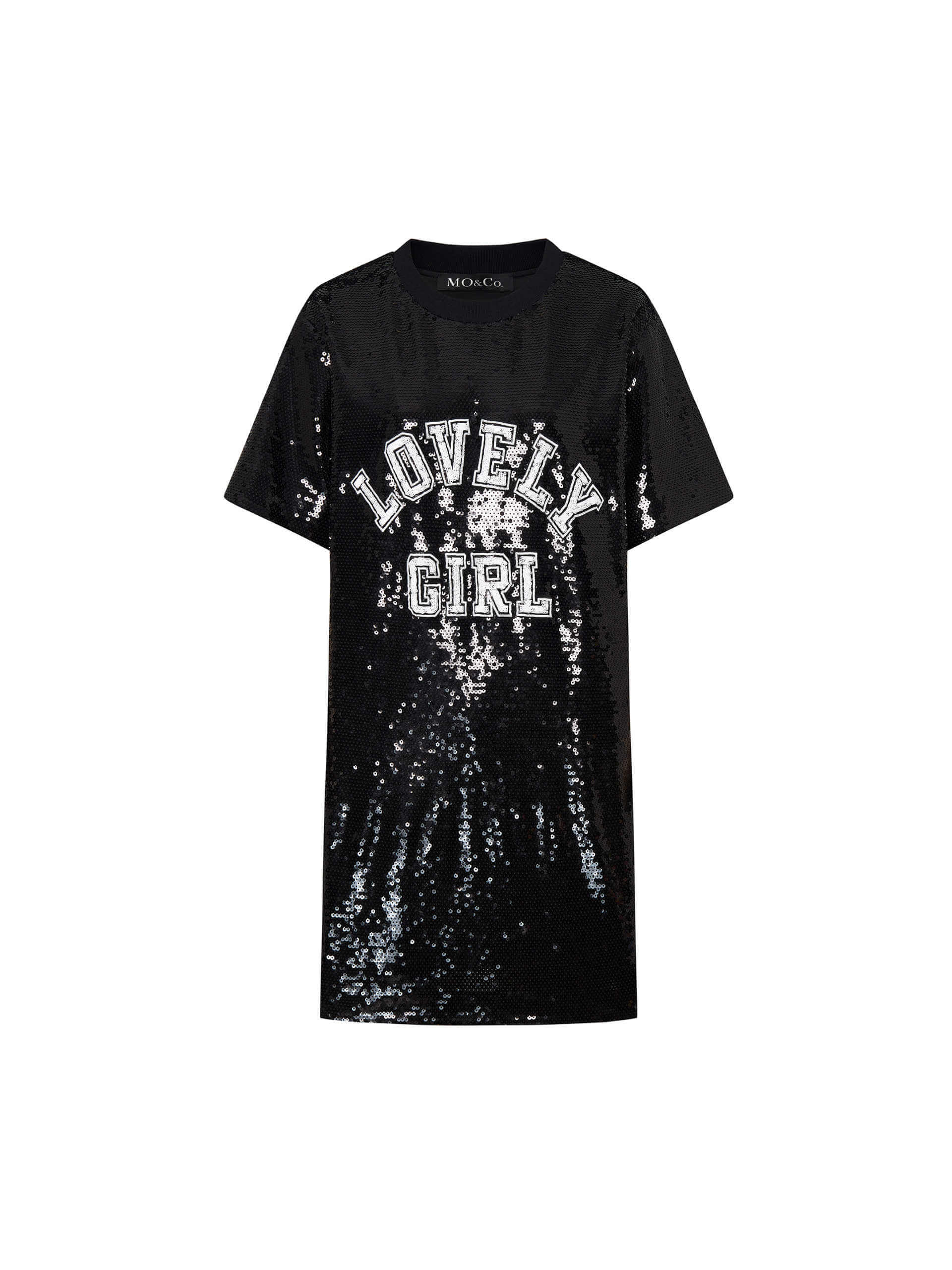 MO&Co. Women's Black Sequin T-shirt Party Dress Pullover with Letter