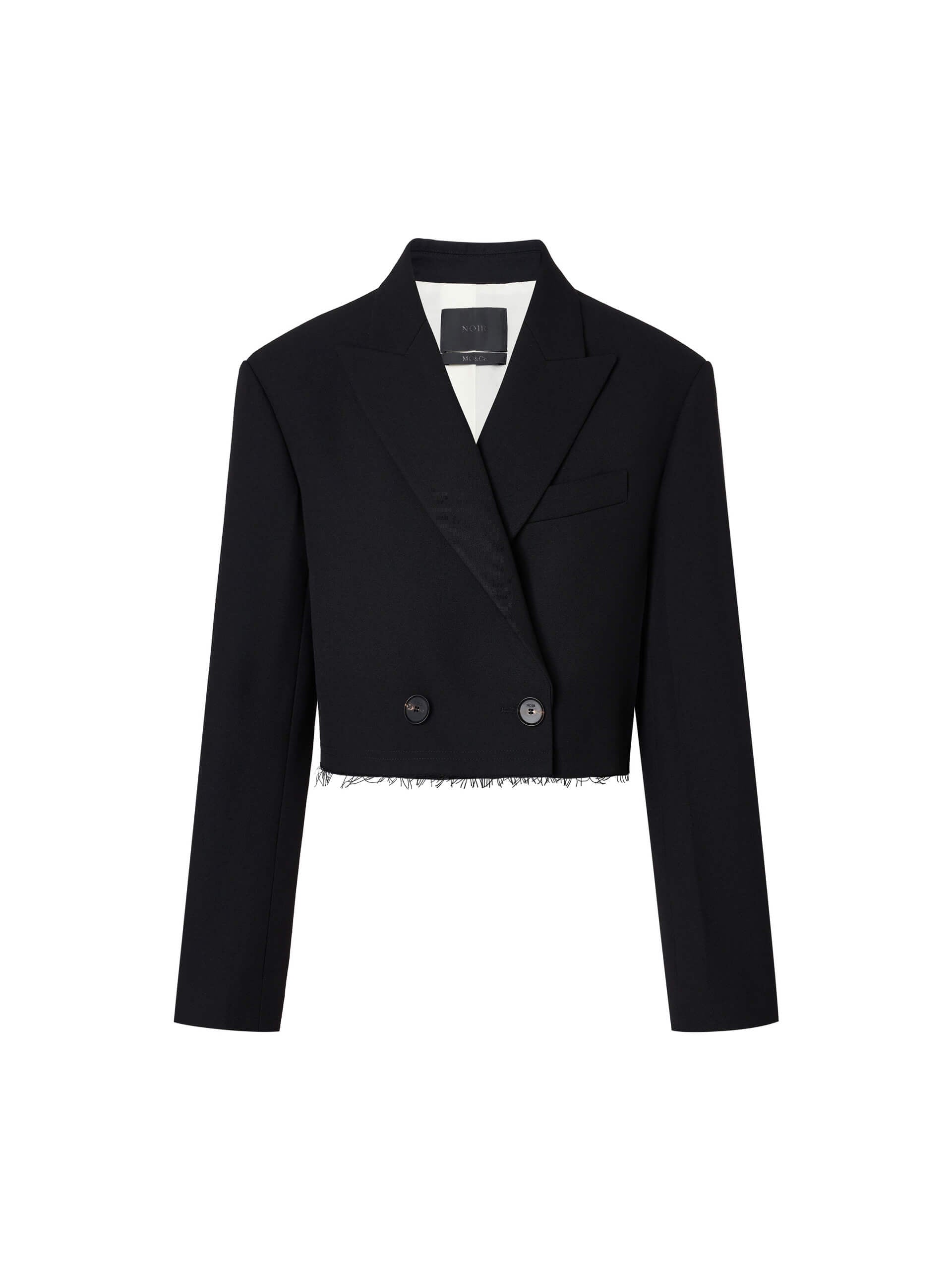 MO&Co. Women's Cropped Double-Breasted Luxury Wool Blazer in Black with padded shoulders