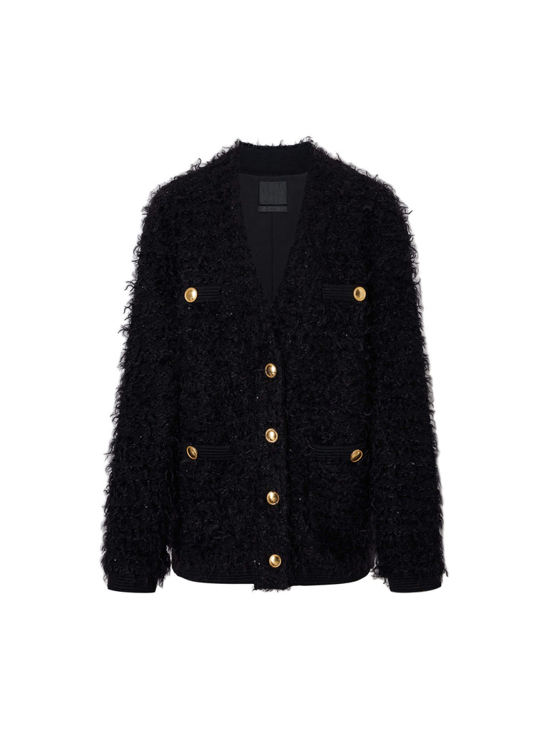 MO&Co. Noir Women's Fluffy Textured Loose Cardigan in Black