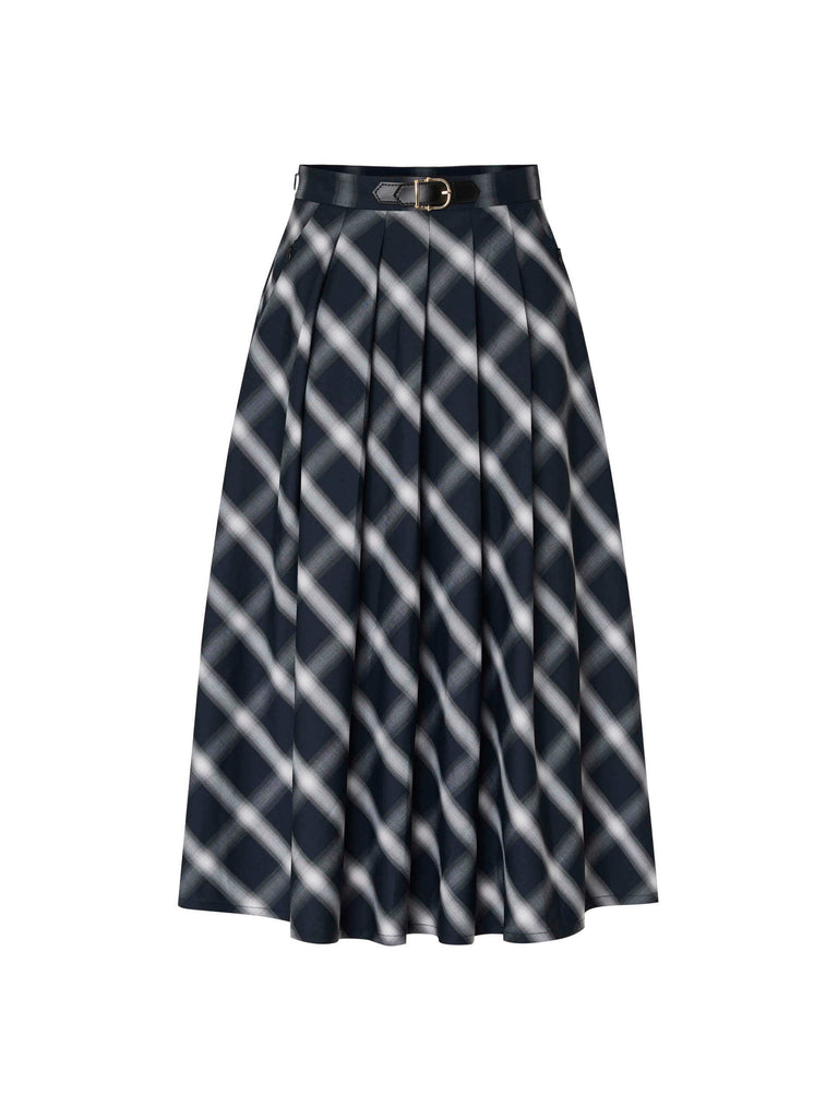 MO&Co. Women's Belt Detail Plaid Pleated Midi Skirt