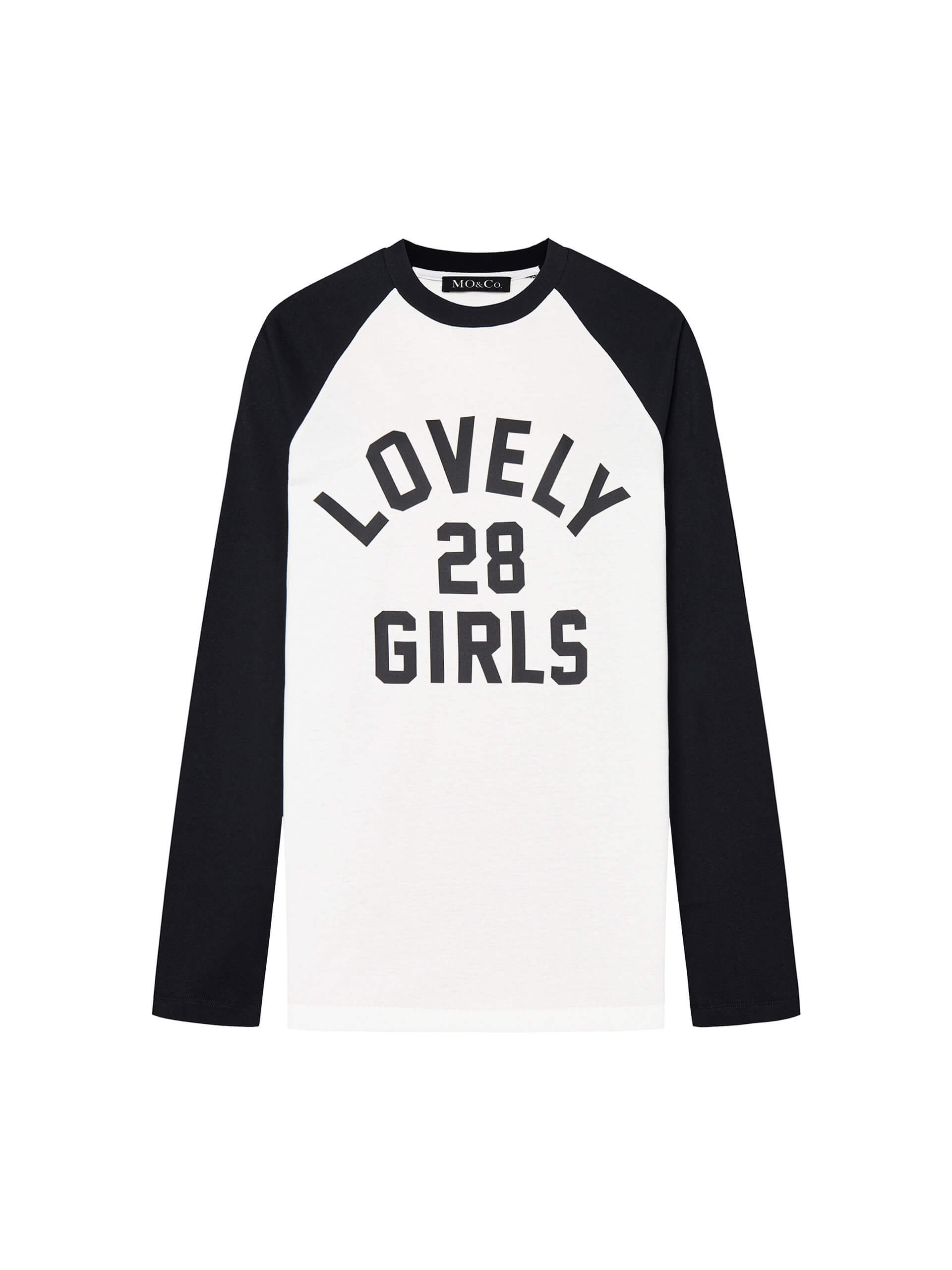 MO&Co. Women's White Letter Print with Black Raglan Long Sleeve T-Shirt Loose Pure Cotton