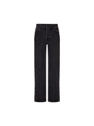 MO&Co. Noir Women's High Waist Black Straight Jeans Cotton features a regular fit, straight leg, and full length, these jeans also offer a button fly, five-pocket design, and a chic side-washed faded effect. 