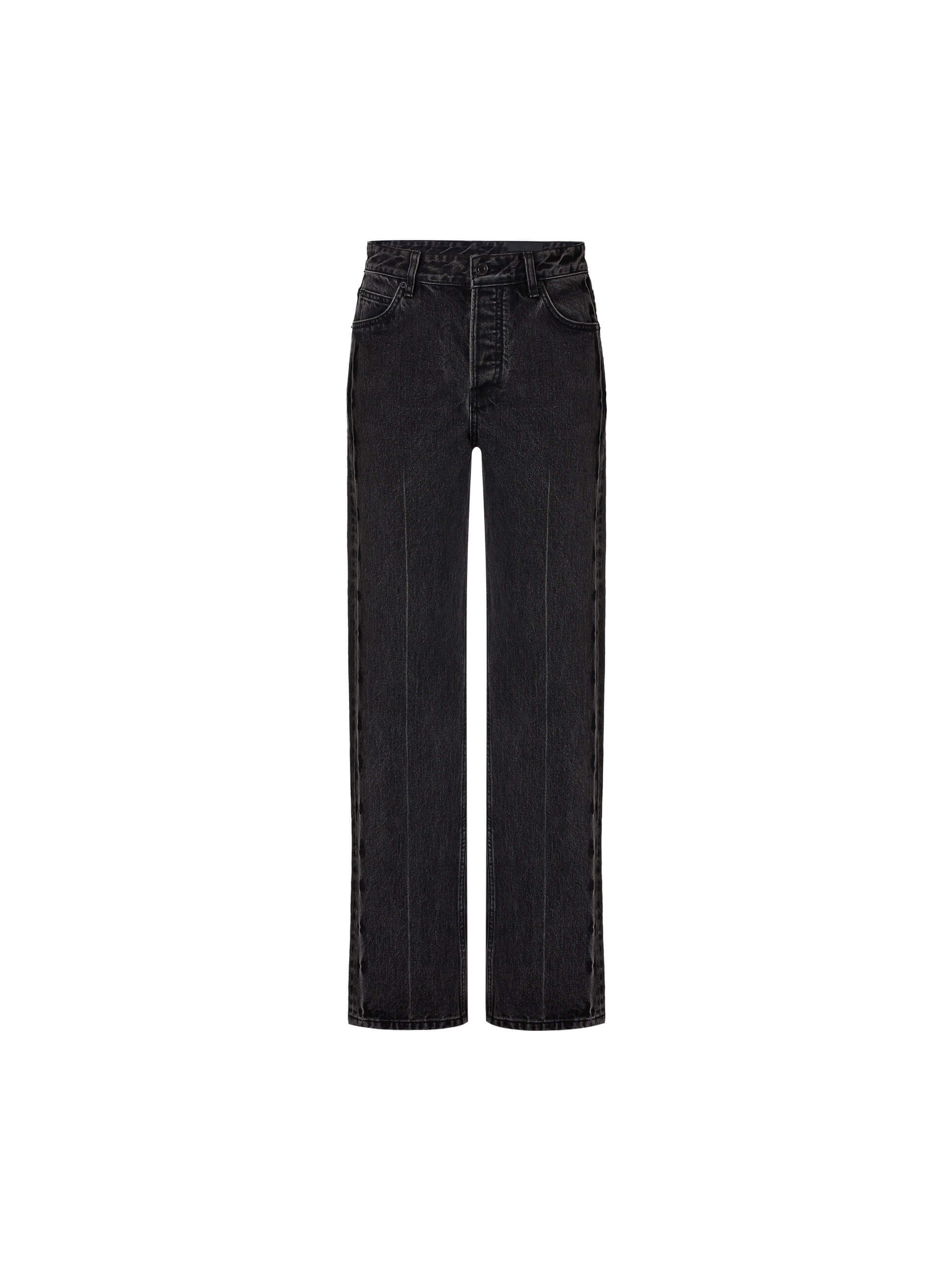 MO&Co. Noir Women's High Waist Black Straight Jeans Cotton features a regular fit, straight leg, and full length, these jeans also offer a button fly, five-pocket design, and a chic side-washed faded effect. 