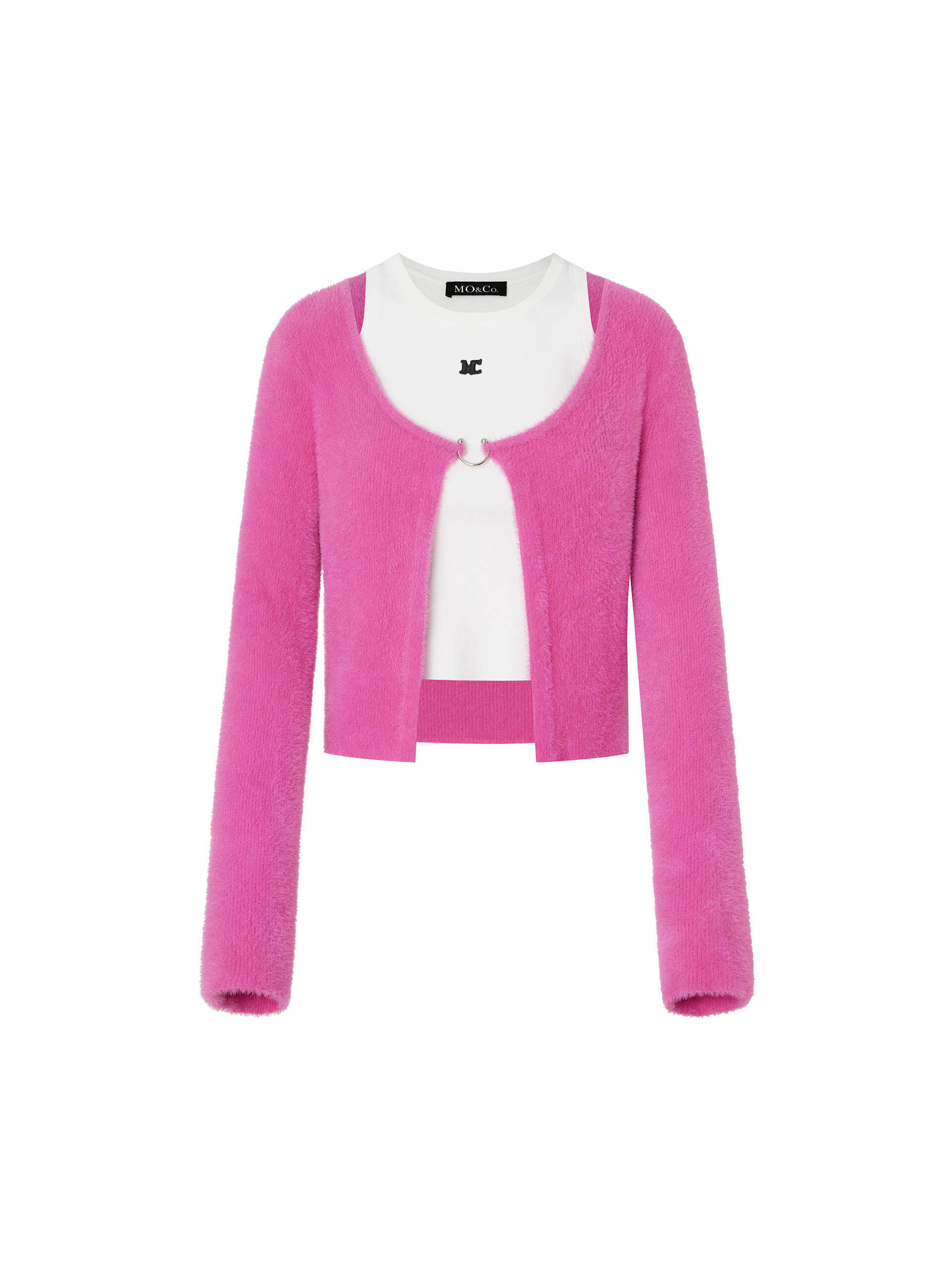 MO&Co. Women's Pink Soft Fluffy Knitted Cardigan Set with Tank Top