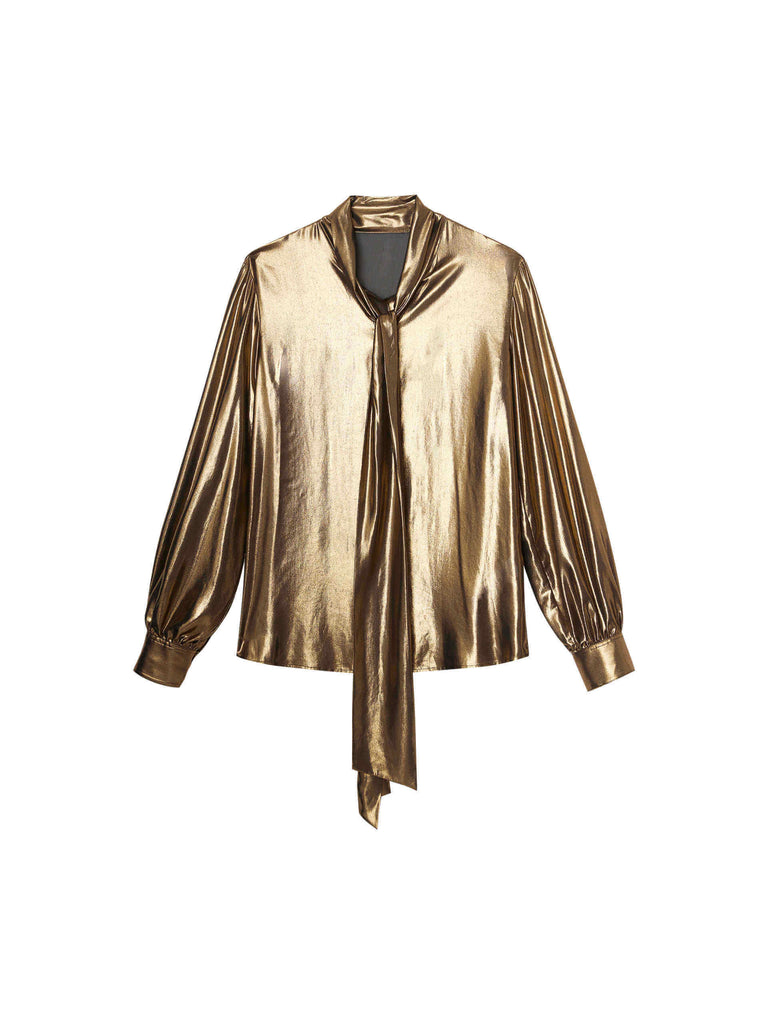 MO&Co. Noir Collection Women's Glossy Gold Long Sleeve Tie Blouse Top