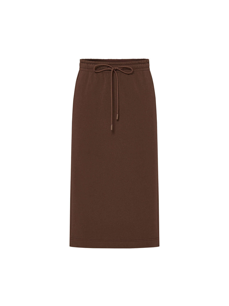 MO&Co. Women's Drawstring Waist Back Slit Casual Straight Midi Skirt Cotton in Brown