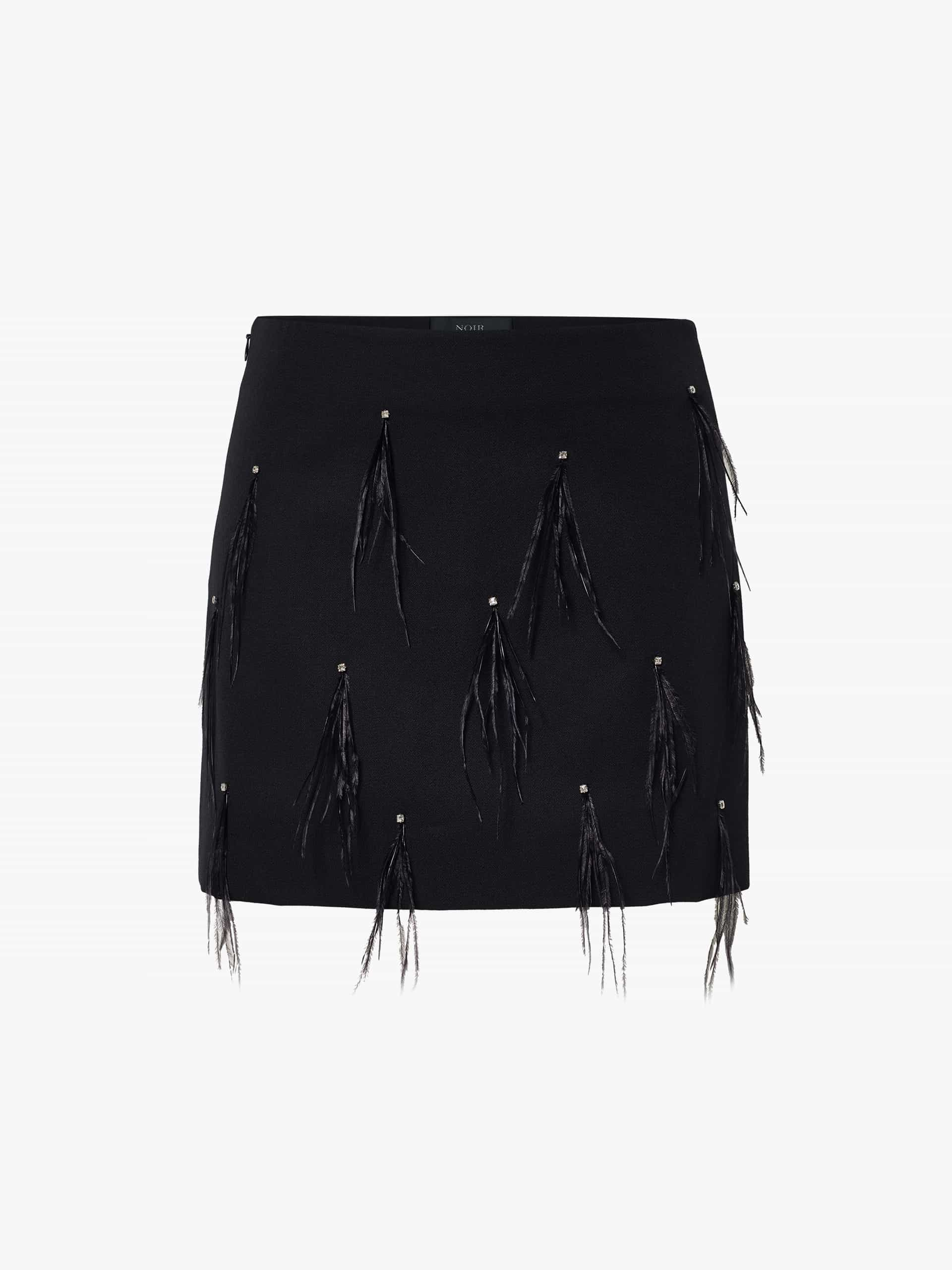 MO&Co. Noir Women's Feather Embellished Merino Wool Mini Skirt Black