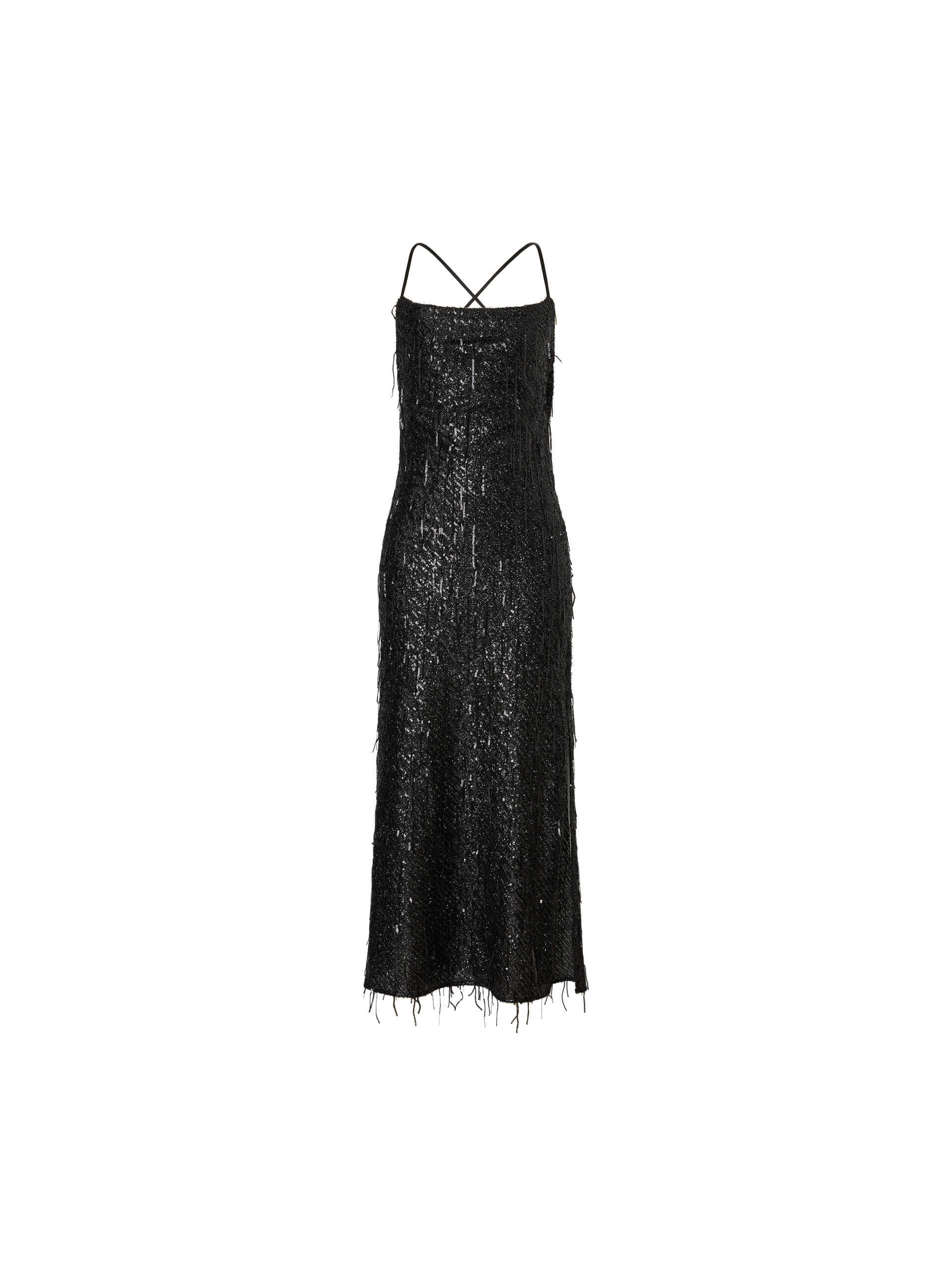 MO&Co. Noir Women's Fringed Detail Maxi Spaghetti Evening Dress Black