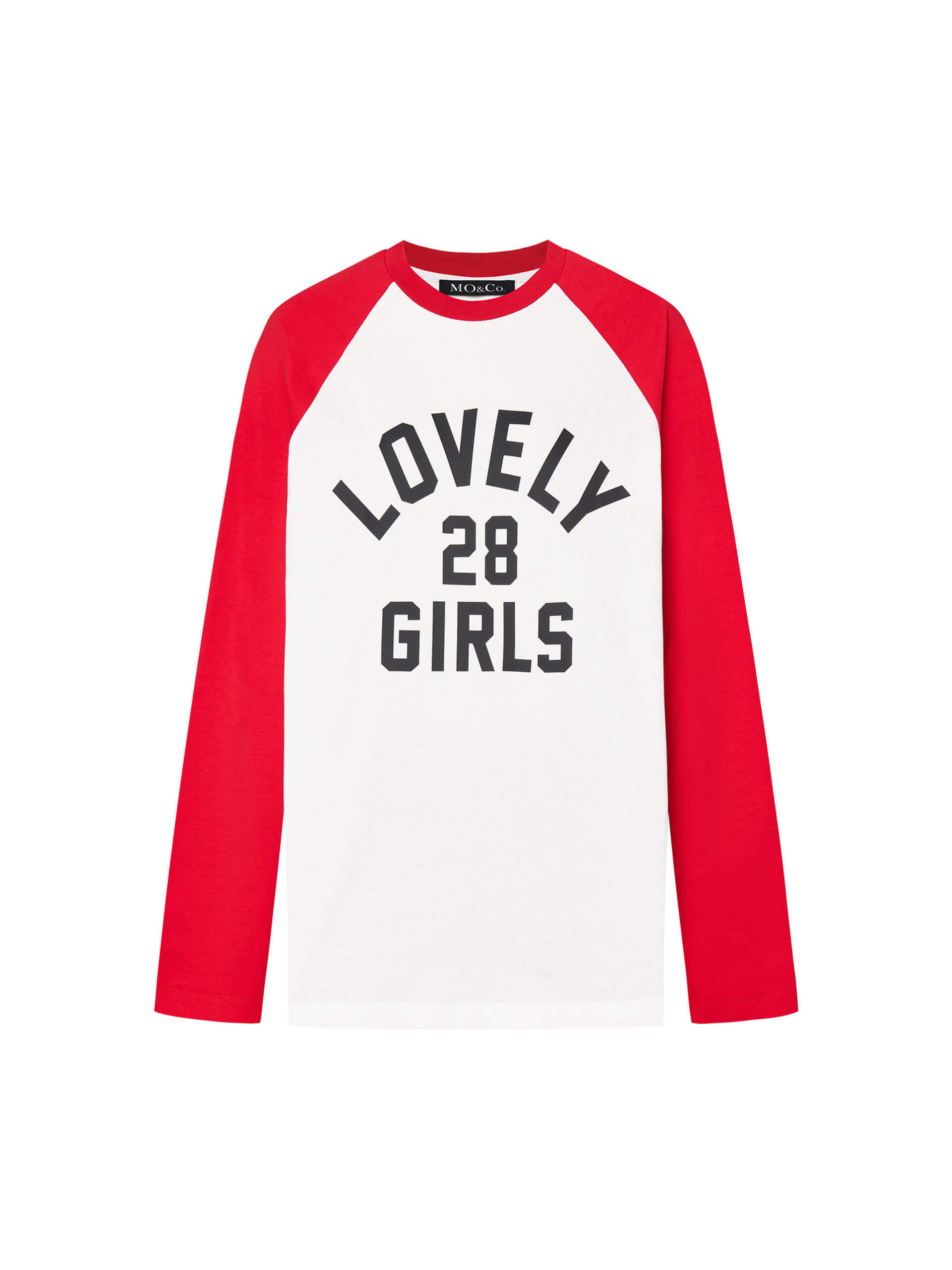 MO&Co. Women's White Letter Print with Red Raglan Long Sleeve T-Shirt Loose Pure Cotton