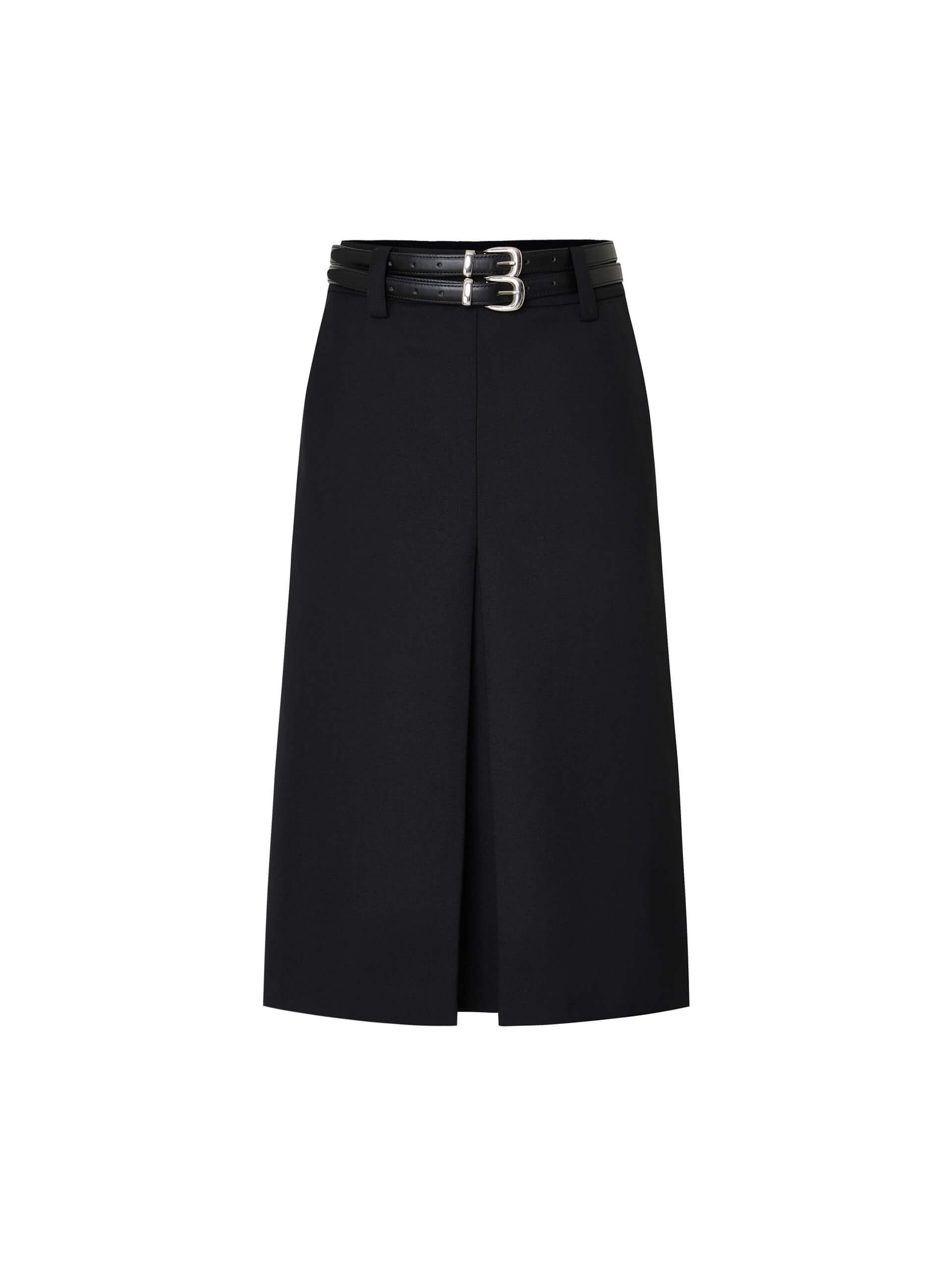 MO&Co. Women's Black Pleated Wool Blend Midi Skirt with Belt