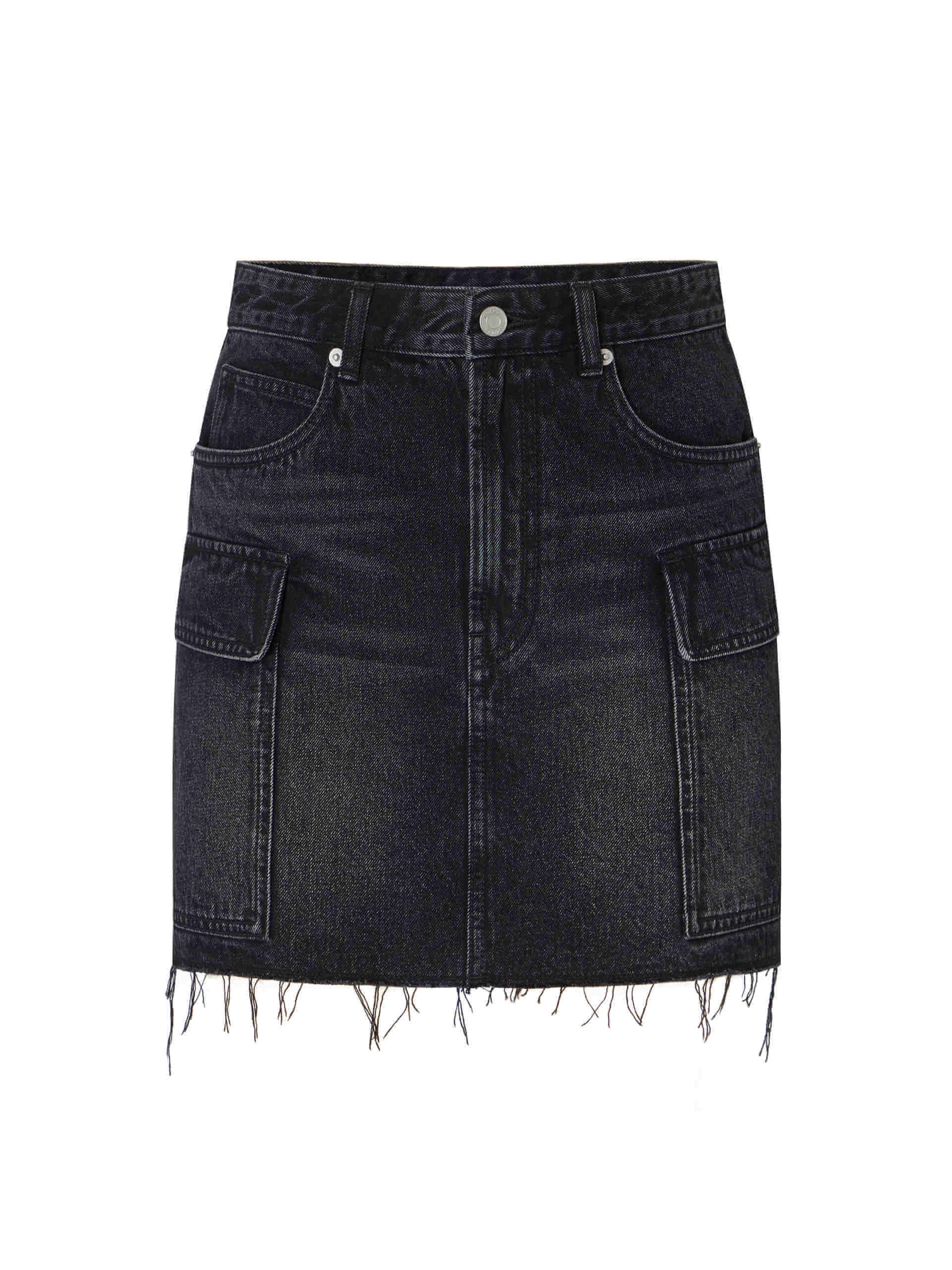 MO&Co. Women's Cargo Pocket Cotton Mini Denim Skirt in Washed Black