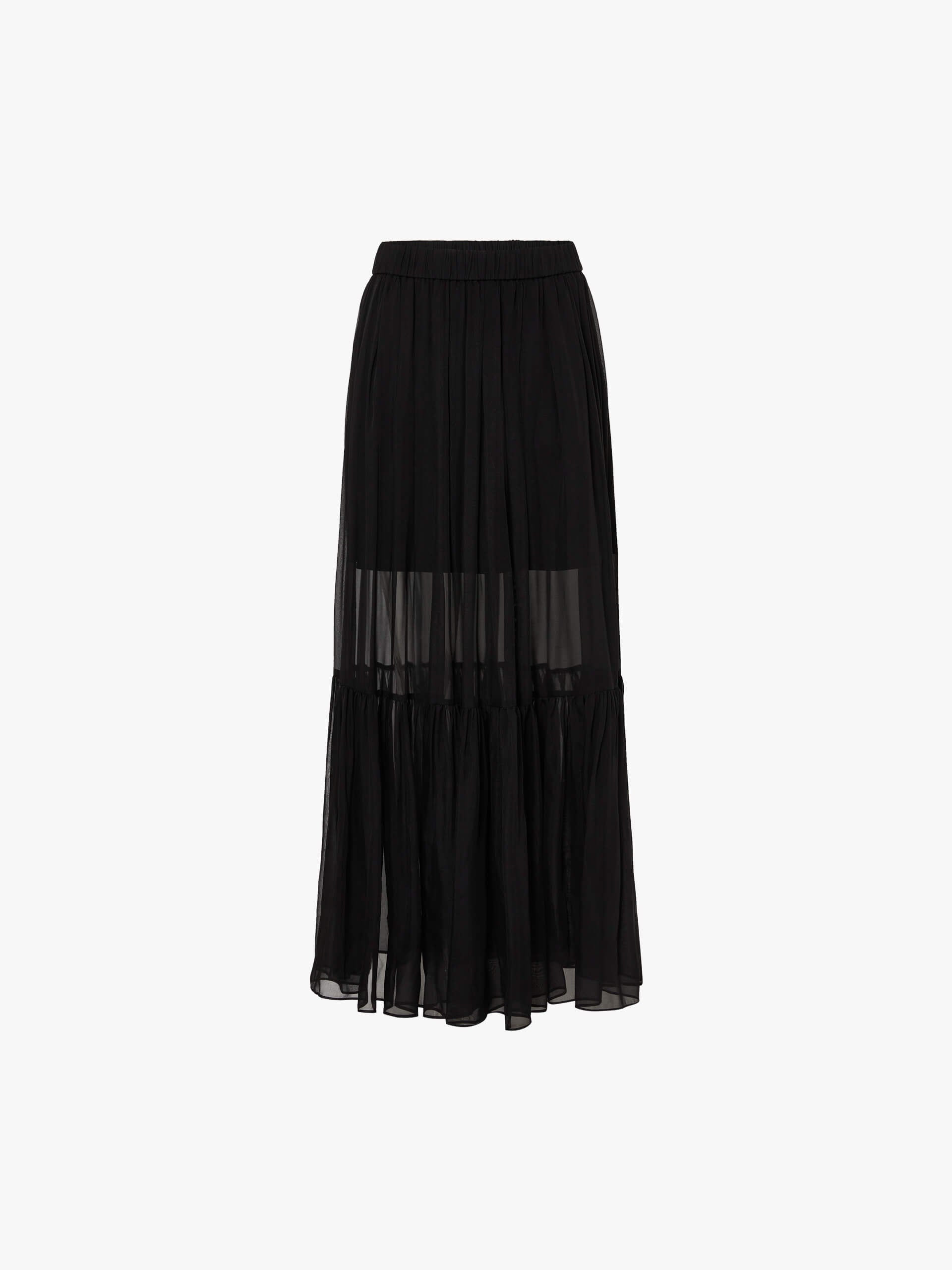 MO&Co. Noir Women's Elasticated Waist Black Silk Maxi A-line Skirt. Crafted from soft silk, this skirt boasts a flattering maxi cut with distinct pleats and gathers that add texture and movement to your look.