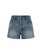 MO&Co. Noir Women's High Waist Raw Denim Shorts | Vintage Style in Blue