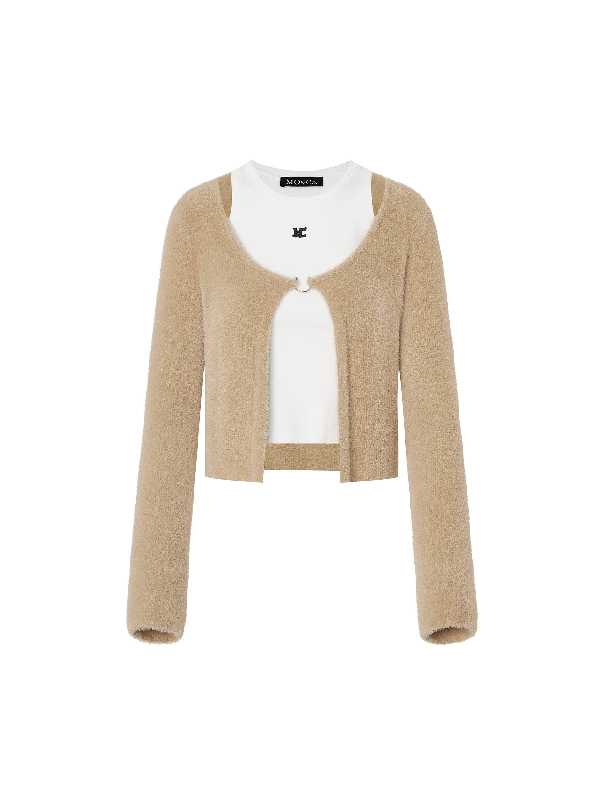 MO&Co. Women's Camel Soft Fluffy Knitted Cardigan Set with Tank Top