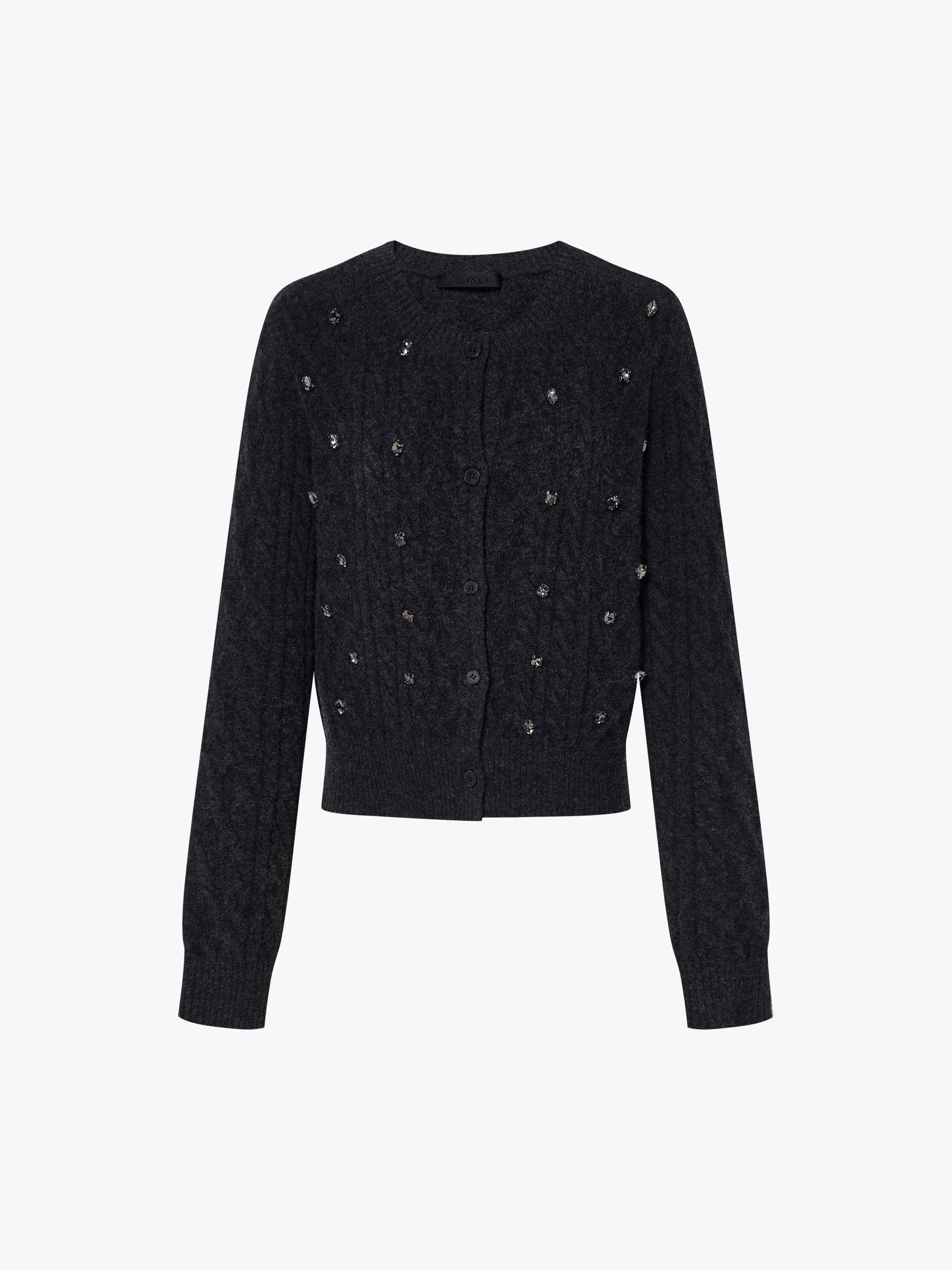 MO&Co. Women's Crystal Embellishment Cable Knit Cardigan in Dark Grey