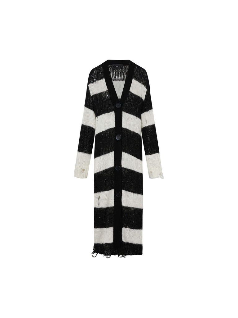 MO&Co. Noir Women's Distressed Detail Striped Cardigan features elongated silhouette, slightly oversized fit, and striped pattern make it a versatile piece for layering and creating stylish looks.