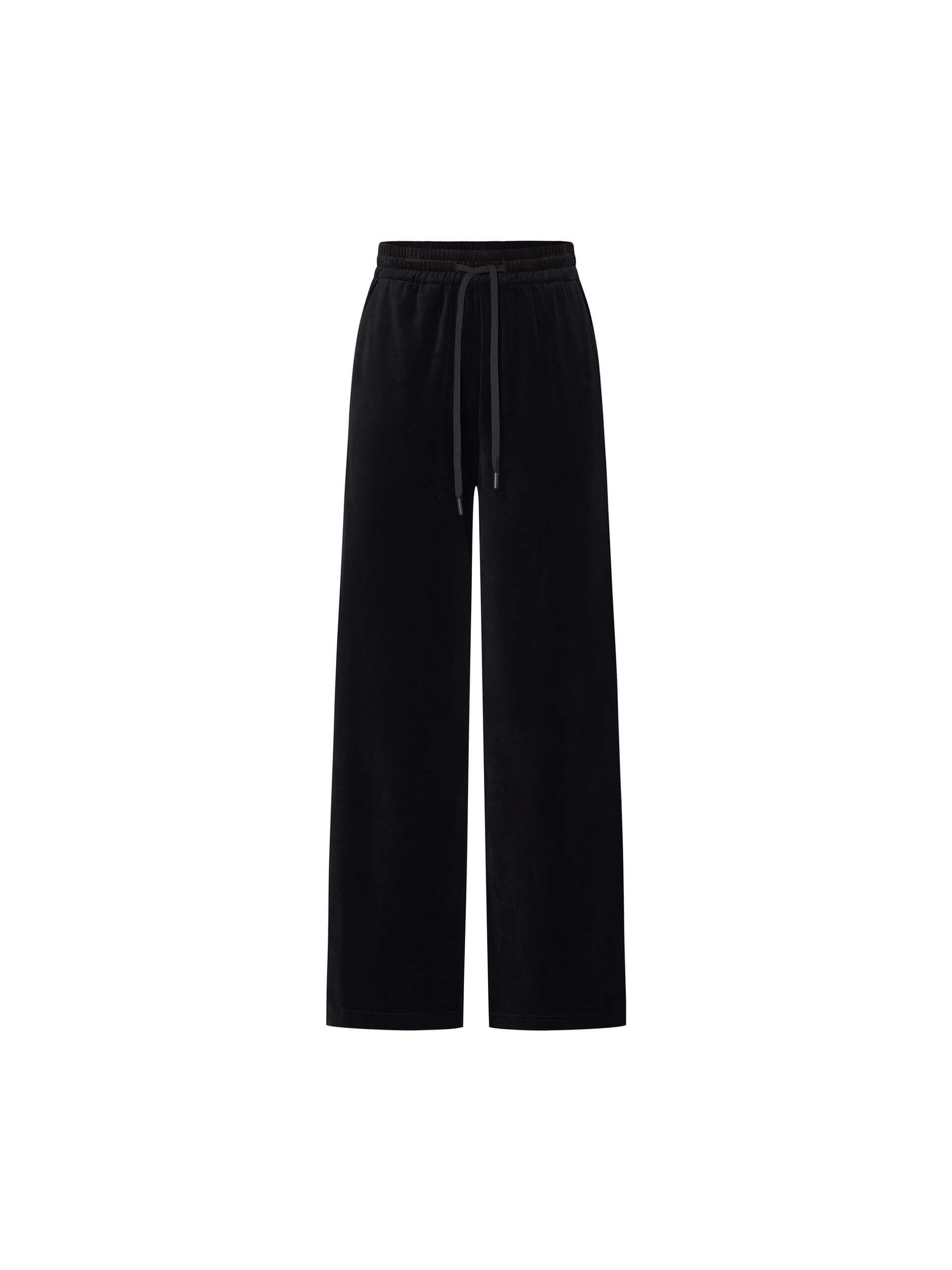 MO&Co. Women's Drawstring Waist Wide Straight Leg Velvet Pants in Solid Black