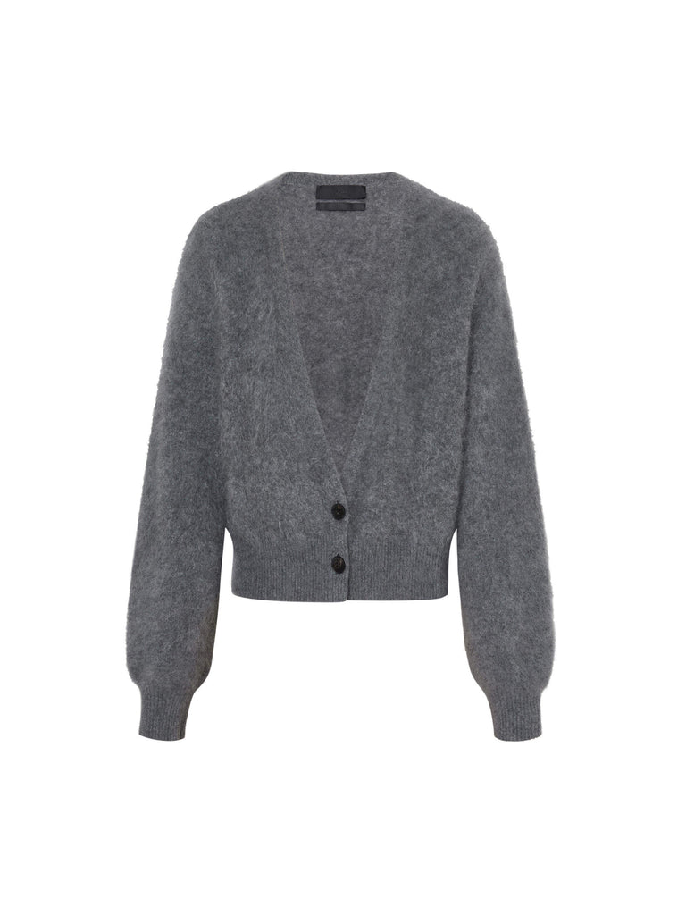 MO&Co. Noir Women's V-Neck Cashmere Cardigan Grey with a relaxed fit, deep V-neck design, and ribbed trims on the waist and cuffs.