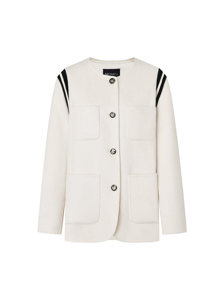 MO&Co. Women's Wool Blend Contrast Trim Collarless Jacket Beige