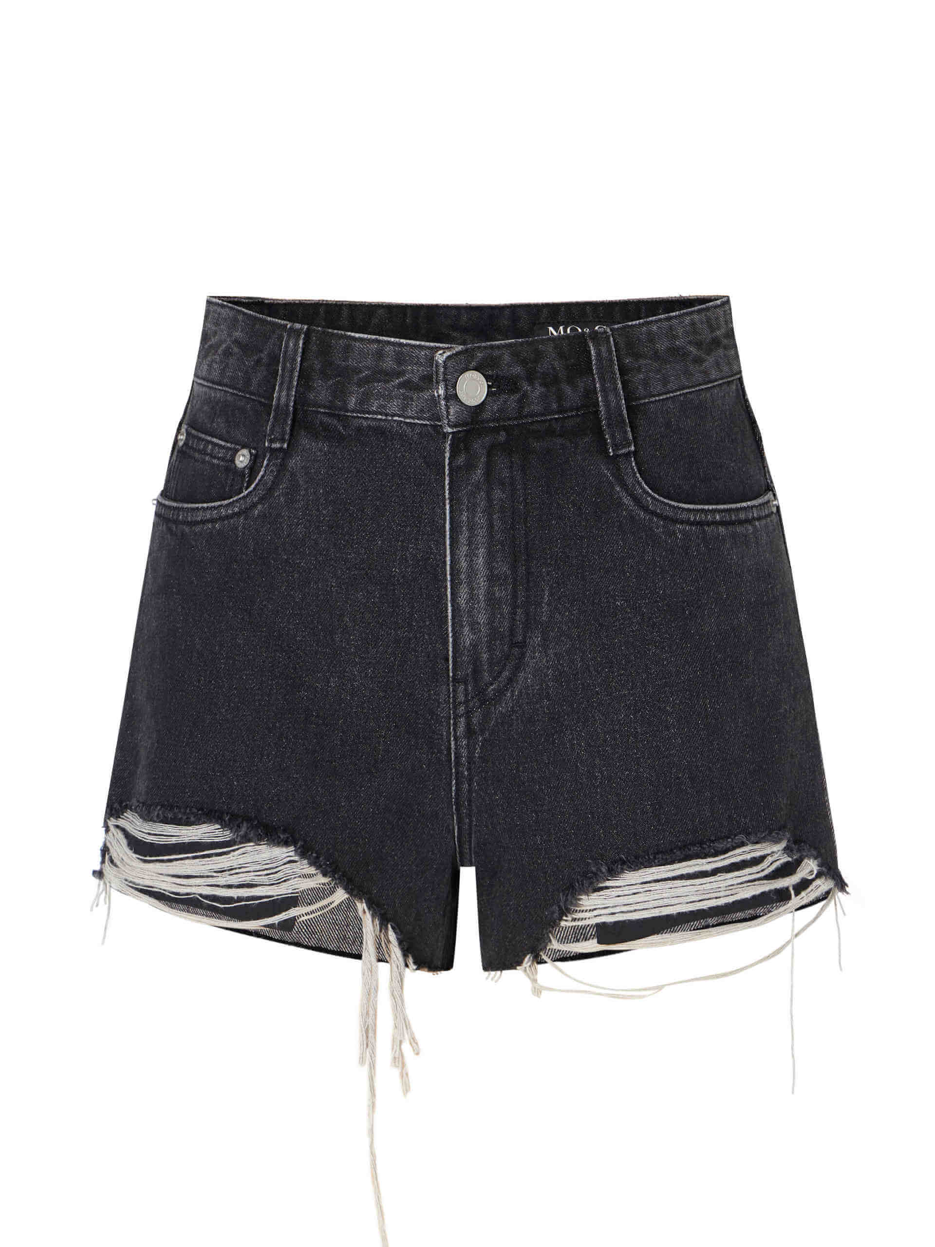 MO&Co. Women's Black High-rise Destroyed Cotton Denim Shorts