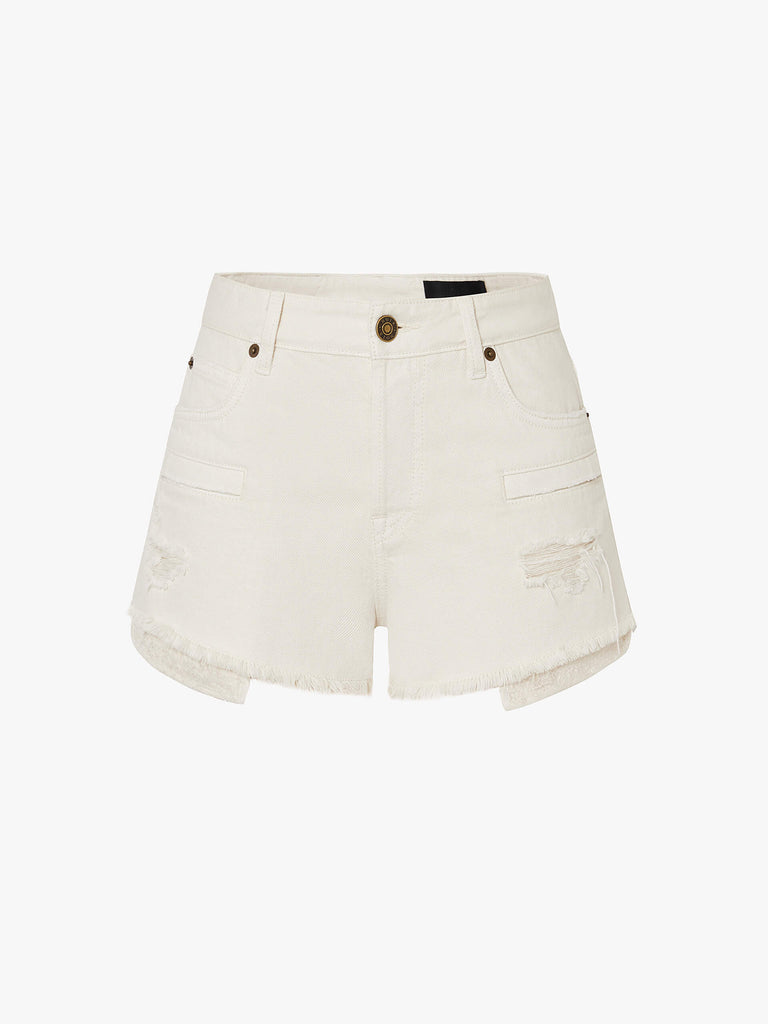 MO&Co. Noir Women's Fringed Denim Shorts in White. Crafted from high-quality Turkish cotton, these shorts feature a trendy distressed design and sequin-decorated longer pockets for a touch of glamour.