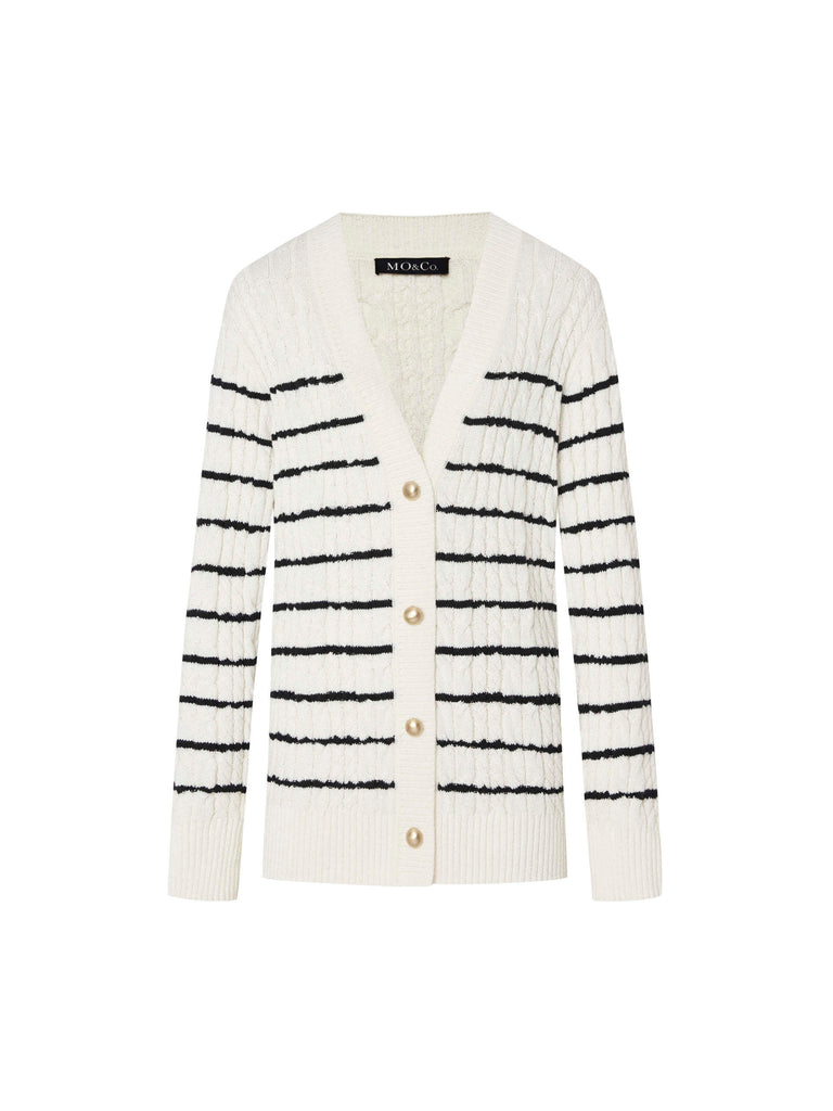 MO&Co. Women's V-neck Stripes Button Down Loose Cable Knit Cardigan in Black and White
