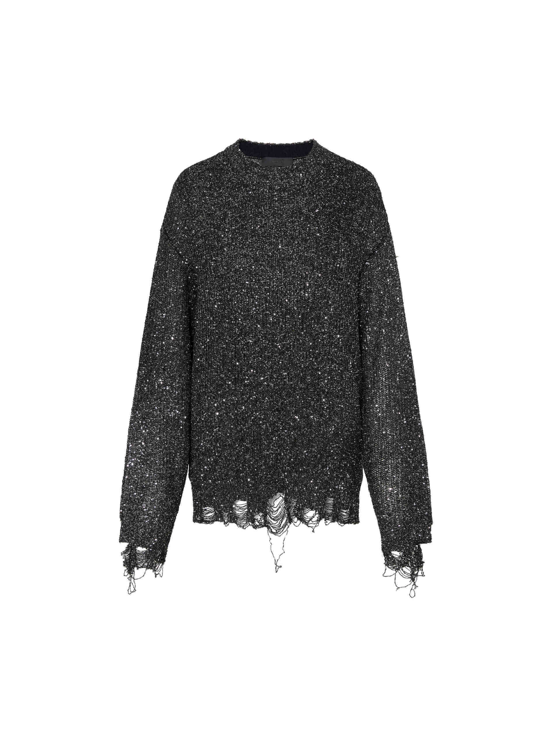 MO&Co. Noir Women's Distressed Sequin Loose Fit Sweater | Effortless Luxury in Grey color and metallic fiber