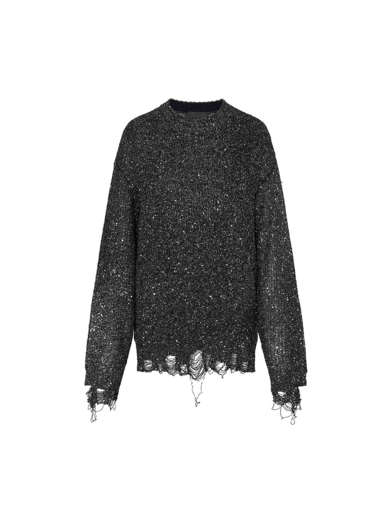 MO&Co. Noir Women's Distressed Sequin Loose Fit Sweater | Effortless Luxury in Grey color and metallic fiber