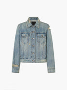 MO&Co. Noir Women's Destroyed Detail Regular Fit Cotton Jacket in Blue. Crafted from high-quality denim with a vintage wash, this jacket exudes a laid-back charm.