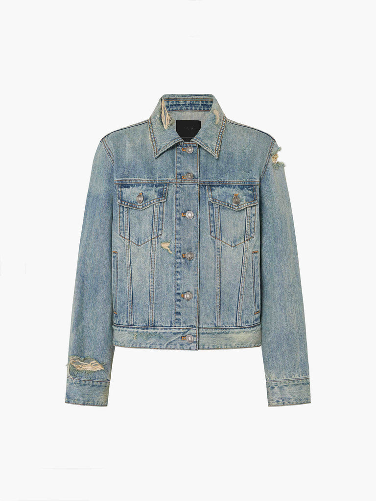 MO&Co. Noir Women's Destroyed Detail Regular Fit Cotton Jacket in Blue. Crafted from high-quality denim with a vintage wash, this jacket exudes a laid-back charm.