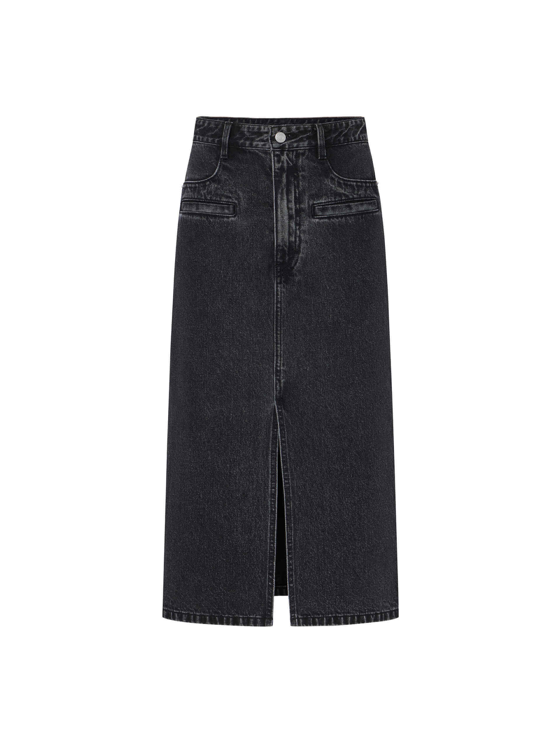 MO&Co. Women's Front Slit Midi Denim Skirt in washed black