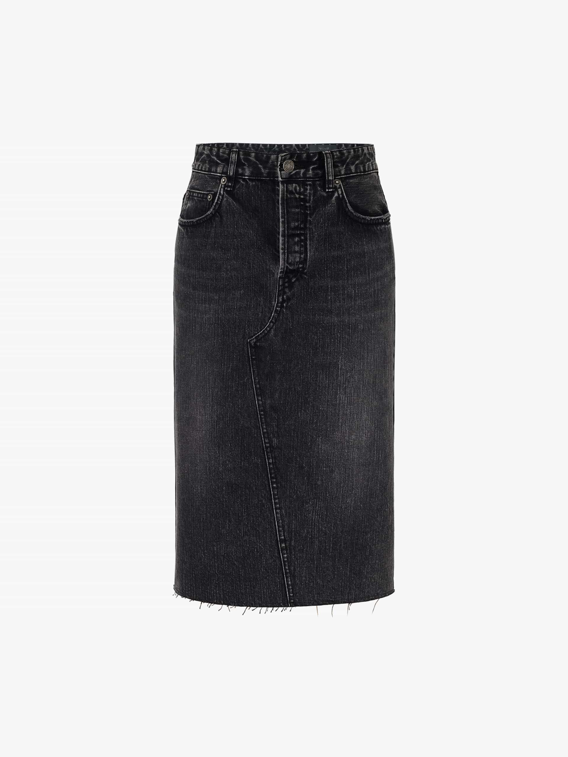 MO&Co. Noir Women's Back Slit Vintage Washed Midi Denim Skirt in Black