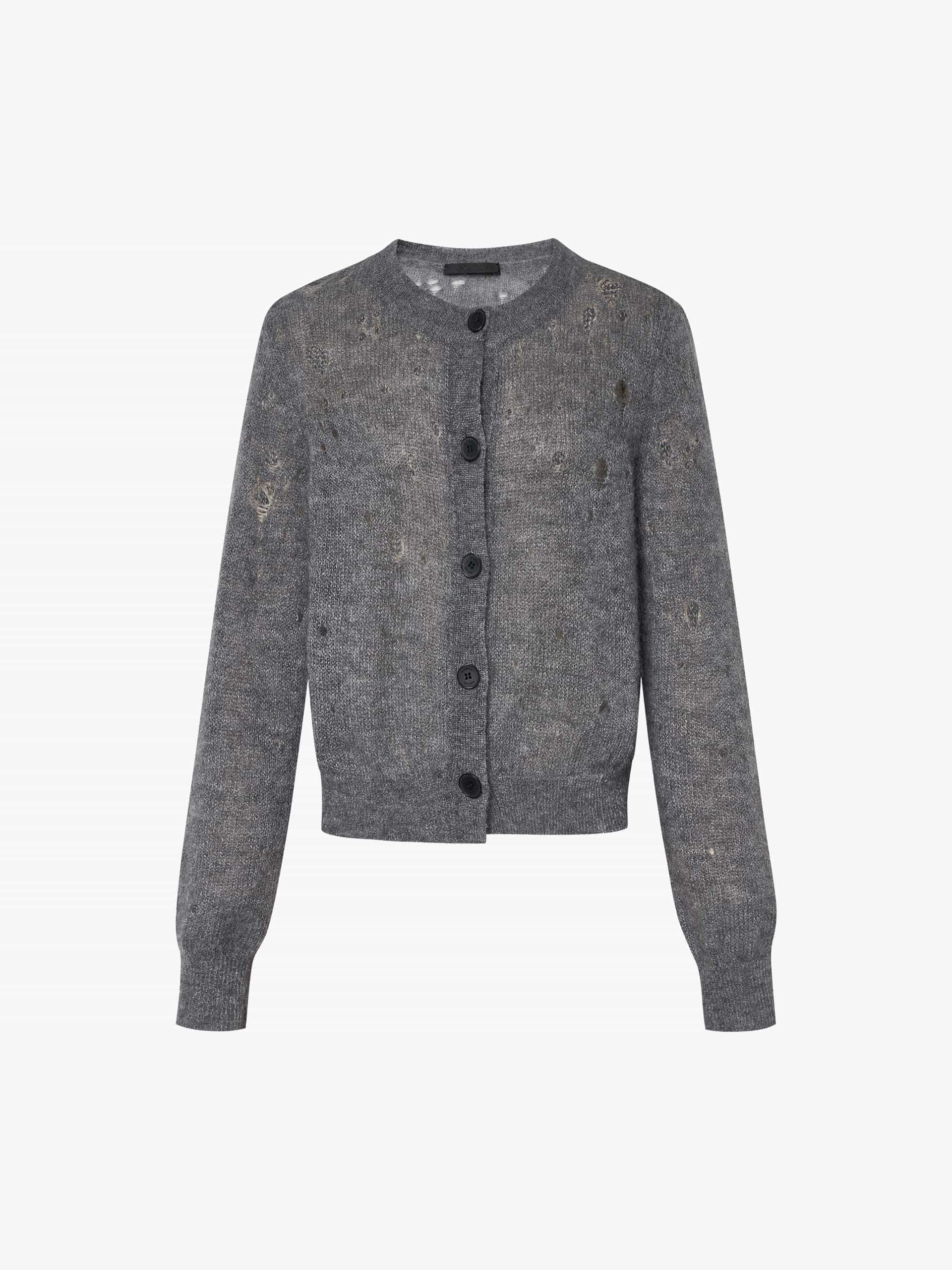 MO&Co. Women's Brushed Mohair Blend Distressed Cardigan in Grey