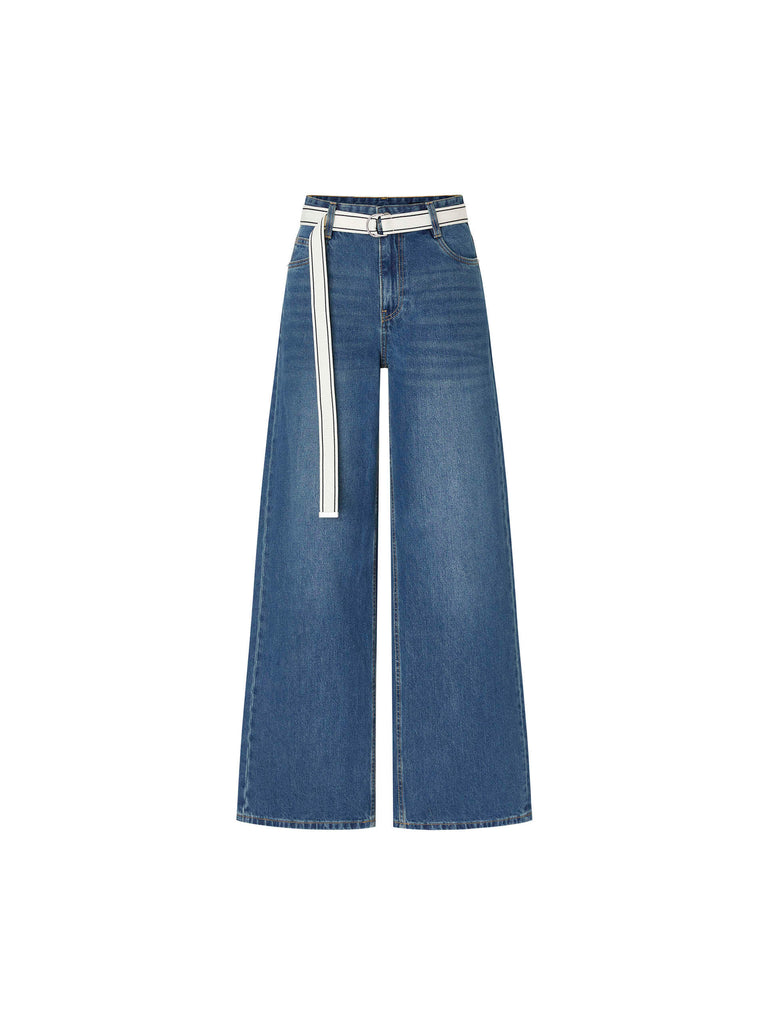 MO&Co. Women's Blue Mid Rise Wide leg Jeans with Belt