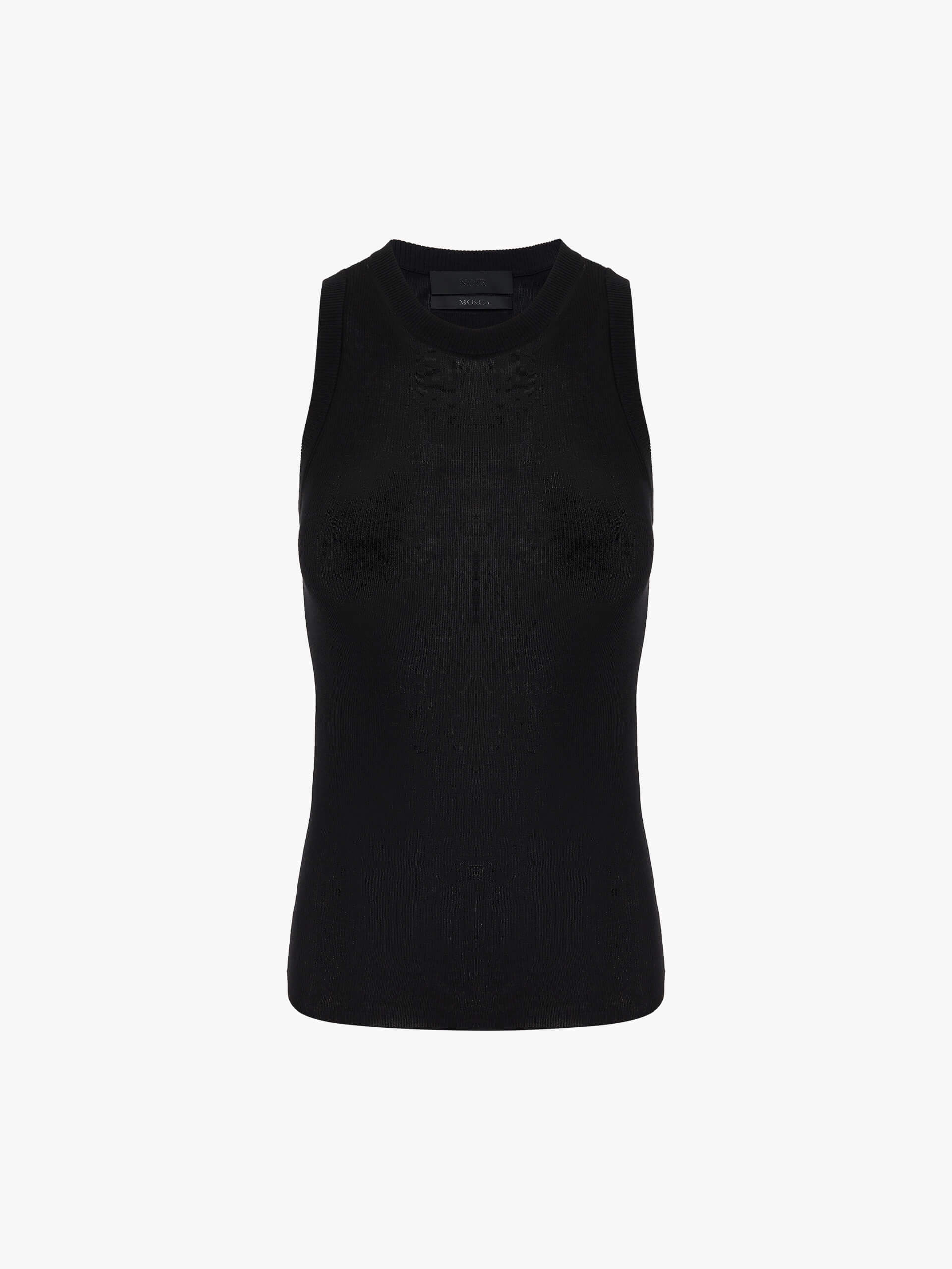 MO&Co. Noir Women's Black Ribbed Tank Top in Black | Versatile and Stylish crafted from a soft organic cotton-blend jersey with a slim stretchy ribbed tight fit. 