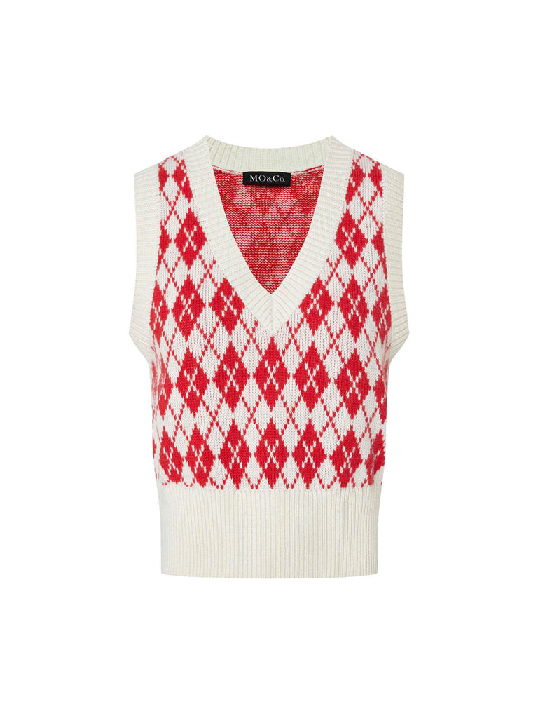 MO&Co. Women's Wool Blend V-neck Argyle Checkered Cropped Knit Sweater Vest Plaid in Red and White