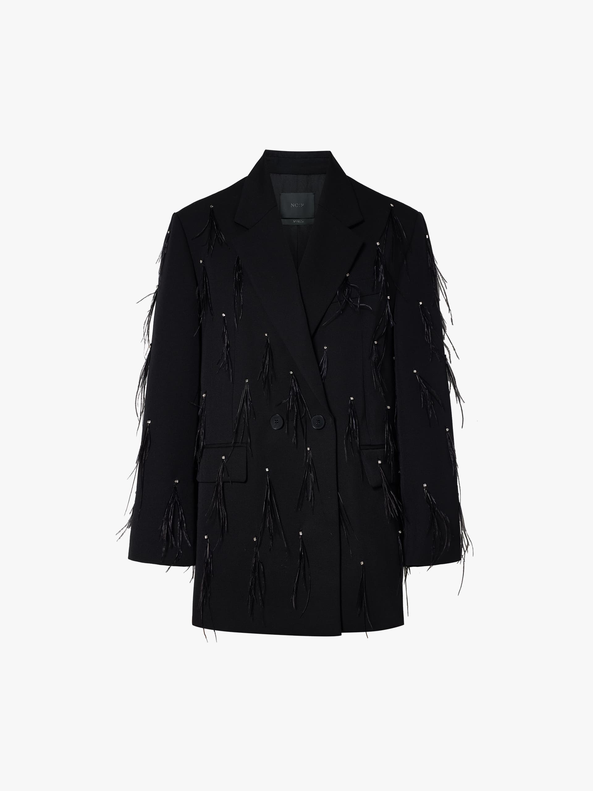 MO&Co. Noir Women's Feather Embellished Pure Wool Blazer Black